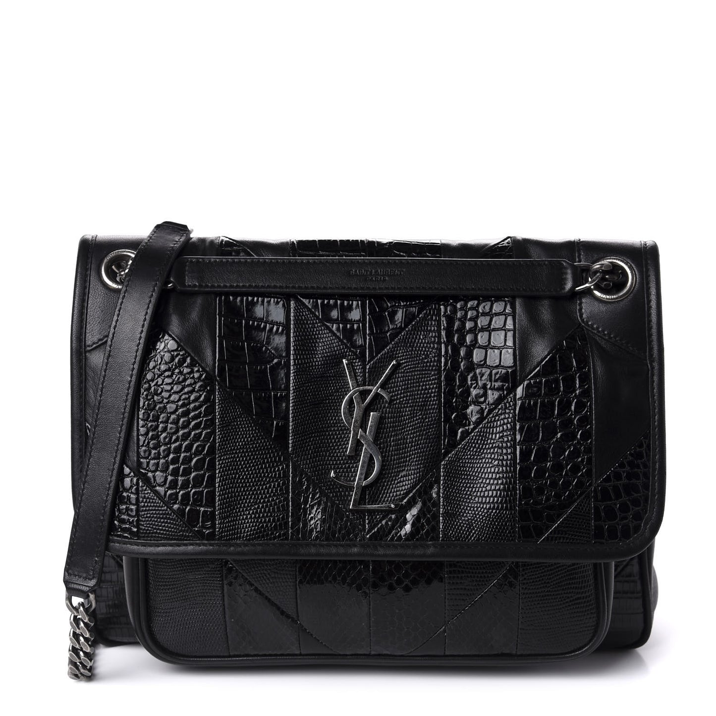 Calfskin Ayers Patchwork Monogram Medium Niki Chain Satchel Black