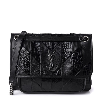 Saint Laurent Calfskin Ayers Patchwork Monogram Medium Niki Chain Satchel Black 1 of 12