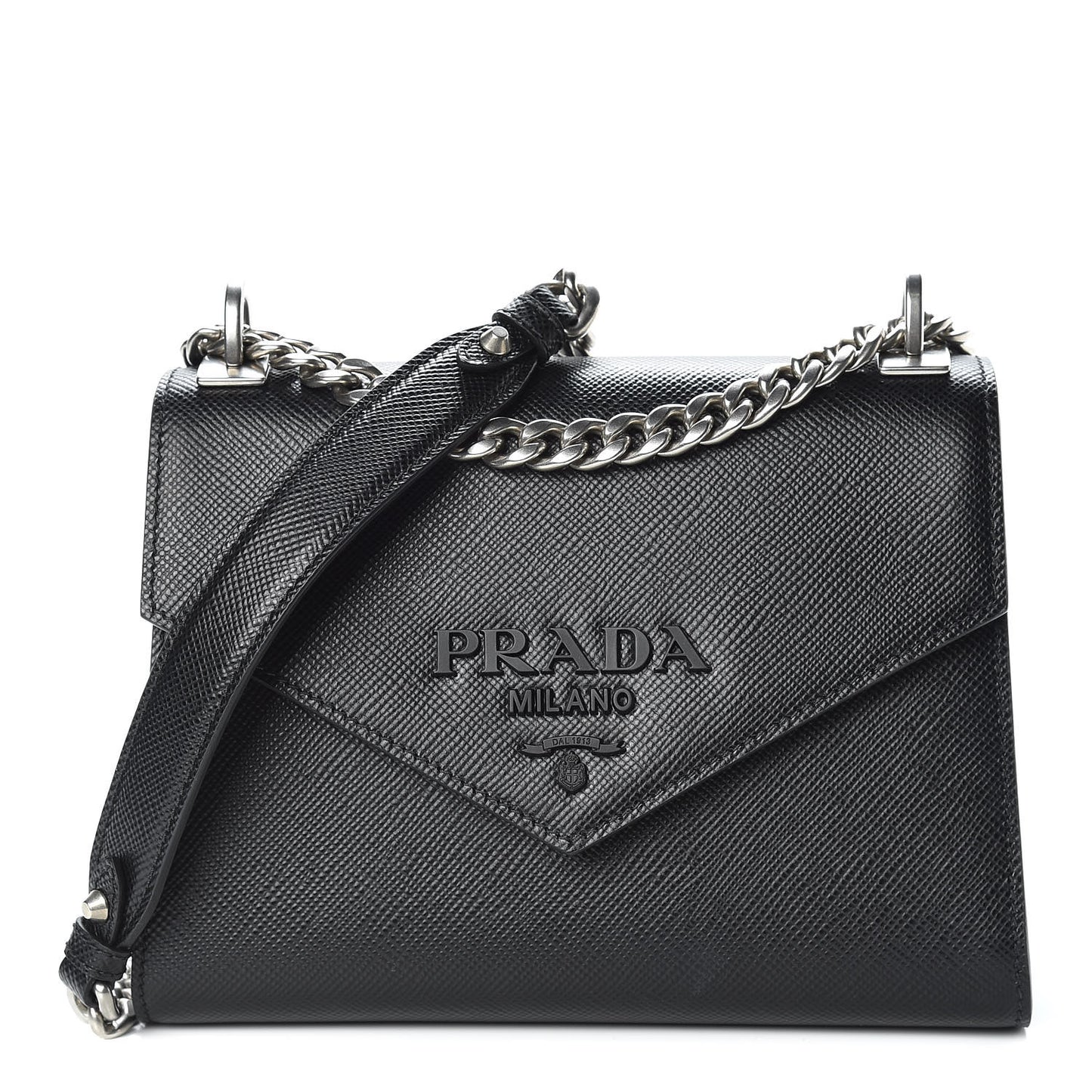 Saffiano Cuir Calfskin Monochrome Envelope Flap Chain Shoulder Bag Black