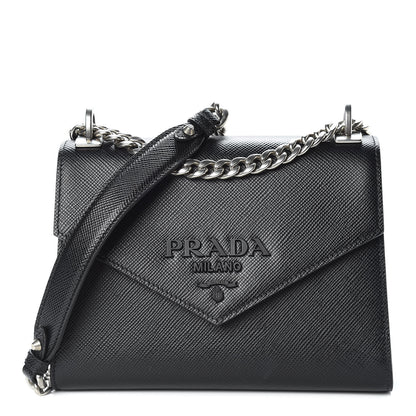 Prada Saffiano Cuir Calfskin Monochrome Envelope Flap Chain Shoulder Bag Black 1 of 11