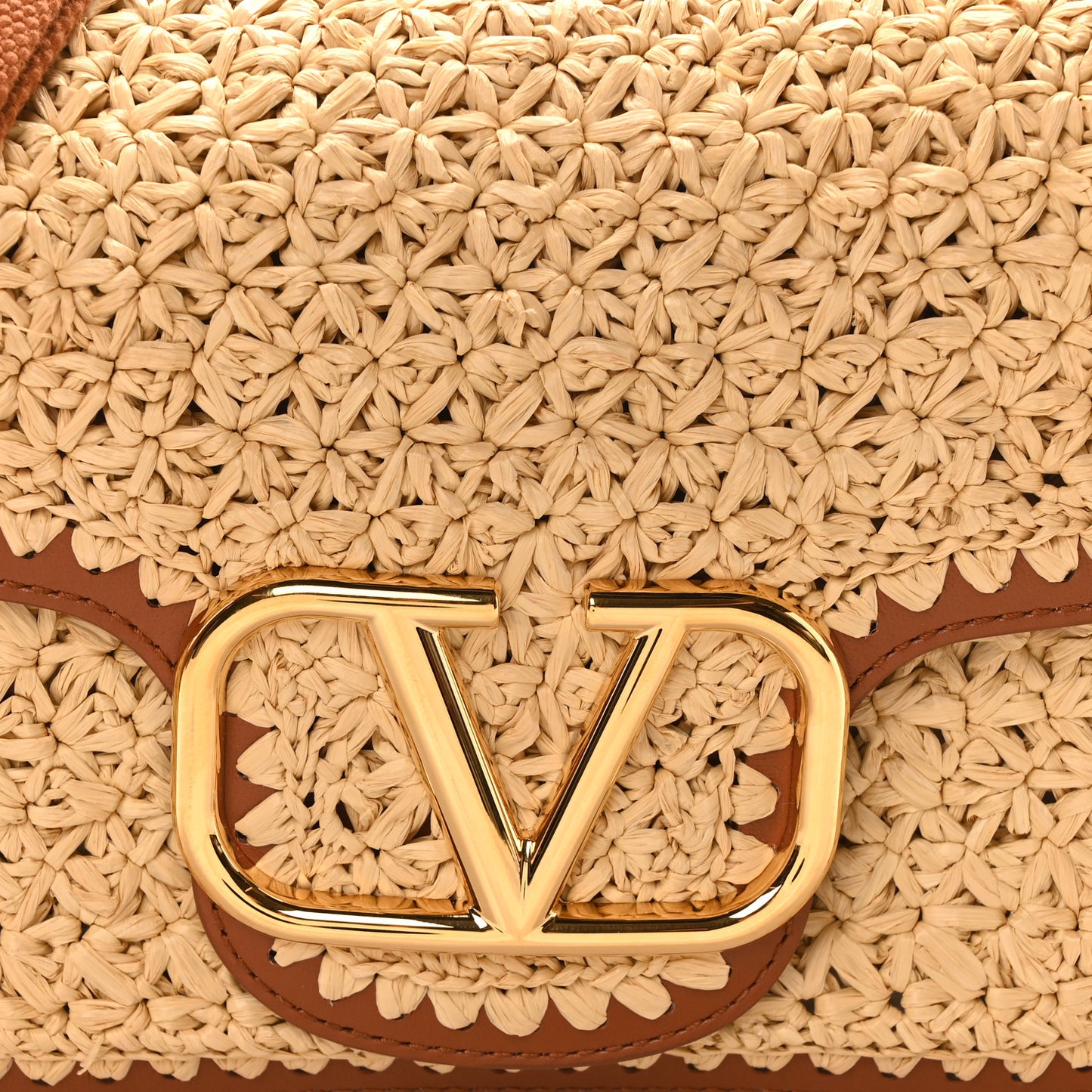 Raffia Calfskin Vlogo Alltime Shoulder Bag Natural Saddle Brown