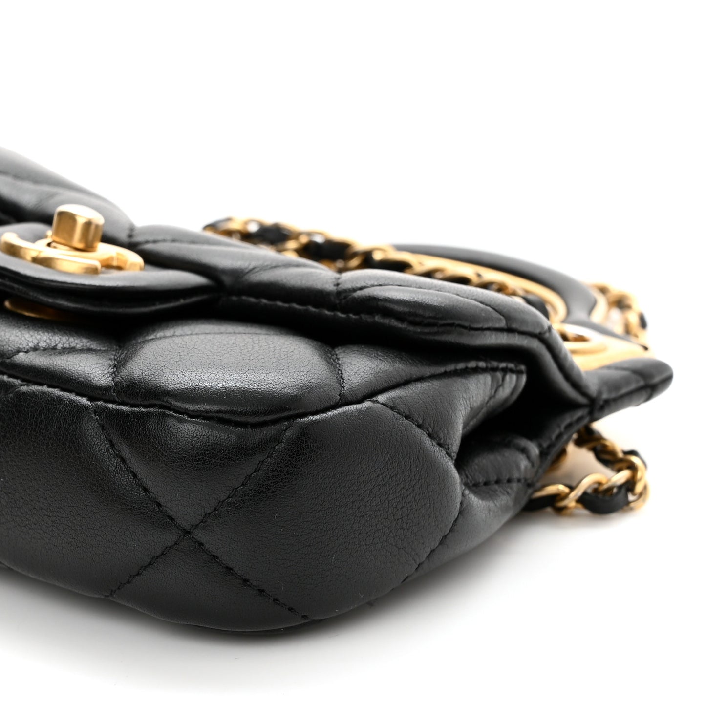Calfskin Quilted Lady Handle Flap Card Holder With Chain Black
