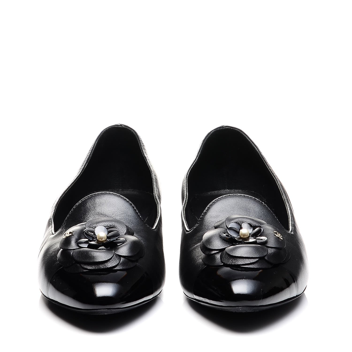 Chanel Lambskin Patent Calfskin Camellia Cap Toe Loafers 38 Black 2 of 10