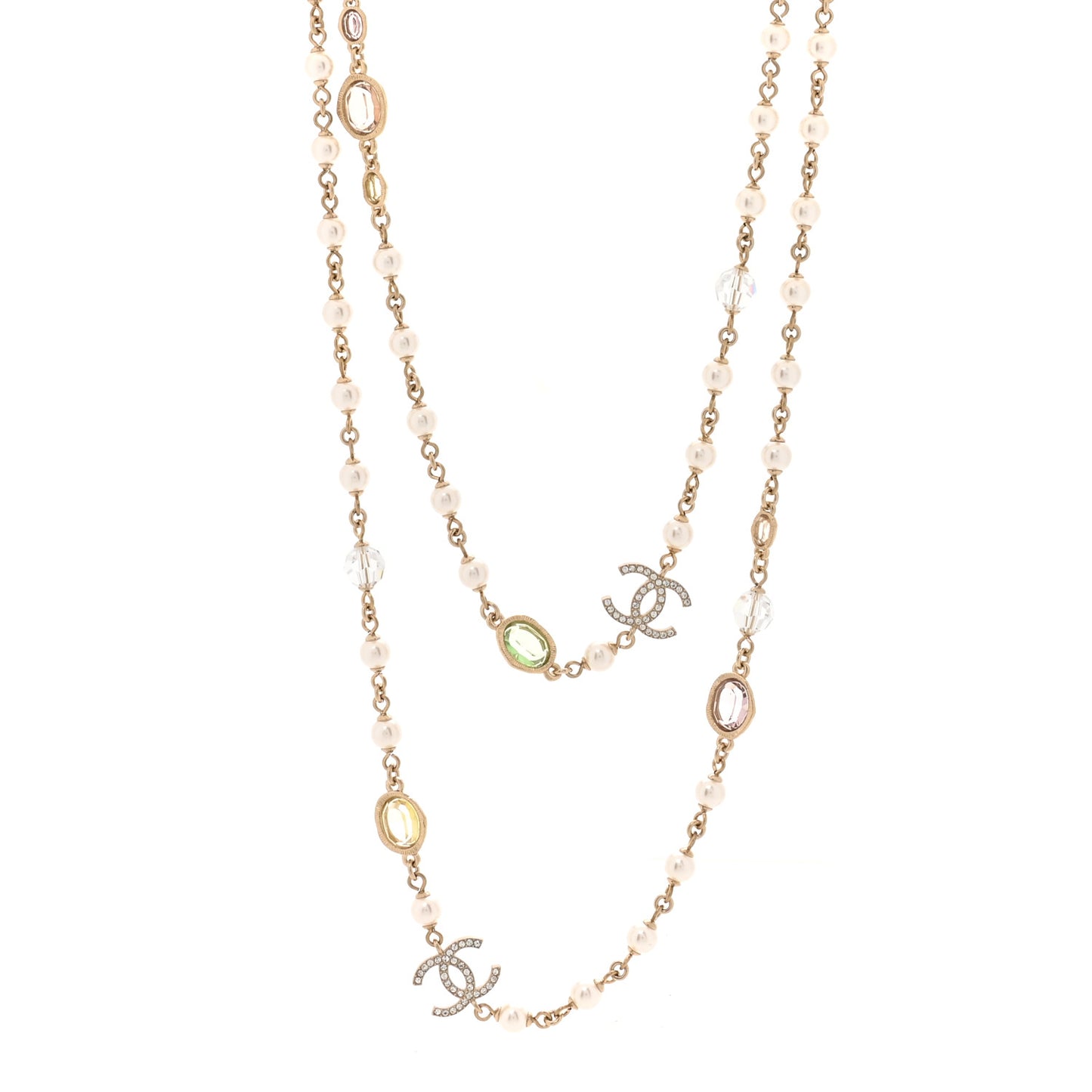 Crystal Pearl CC Long Necklace Gold Pearly White Multicolor