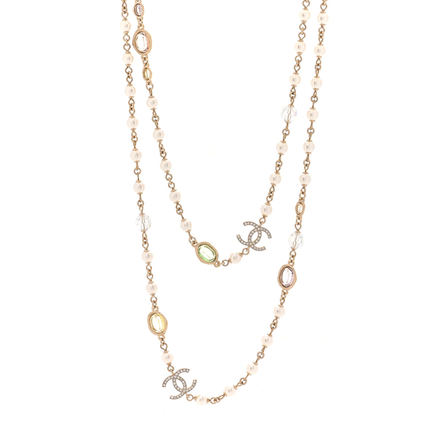 Chanel Crystal Pearl CC Long Necklace Gold Pearly White Multicolor 1 of 4