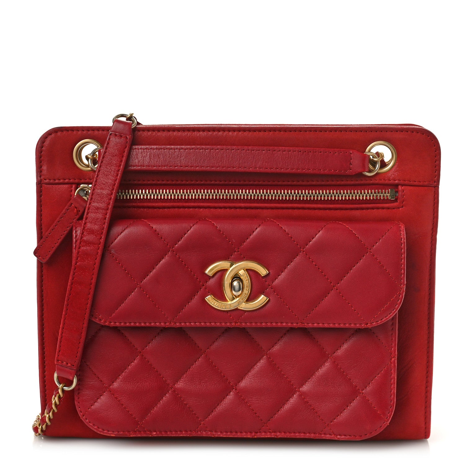Chanel Lambskin Quilted Square Front Pocket Clutch With Chain Red 1 of 15