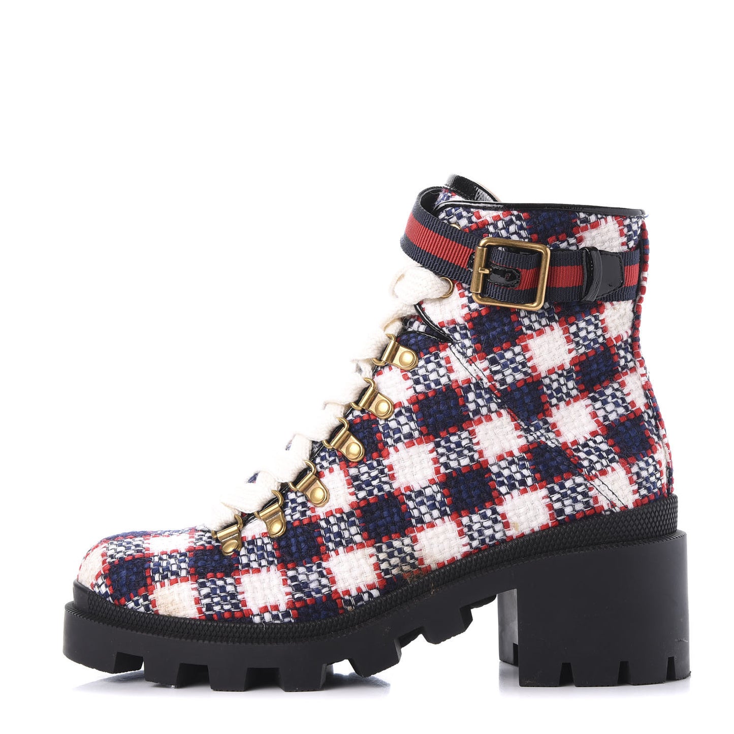Vintage Tweed Check Lace Up Combat Ankle Boots 37.5 White Hibiscus Red Marine