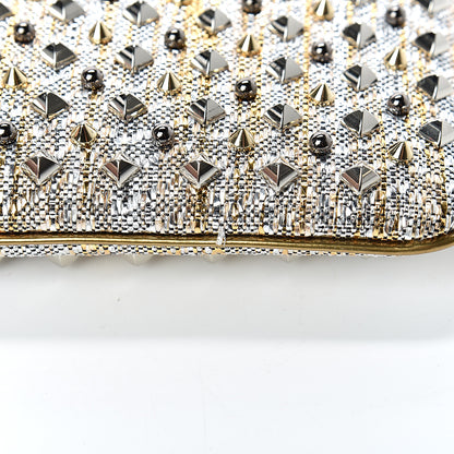 Christian Louboutin Metallic Raffia Spikes Loubiposh Chain Clutch Silver Gold 10 of 11