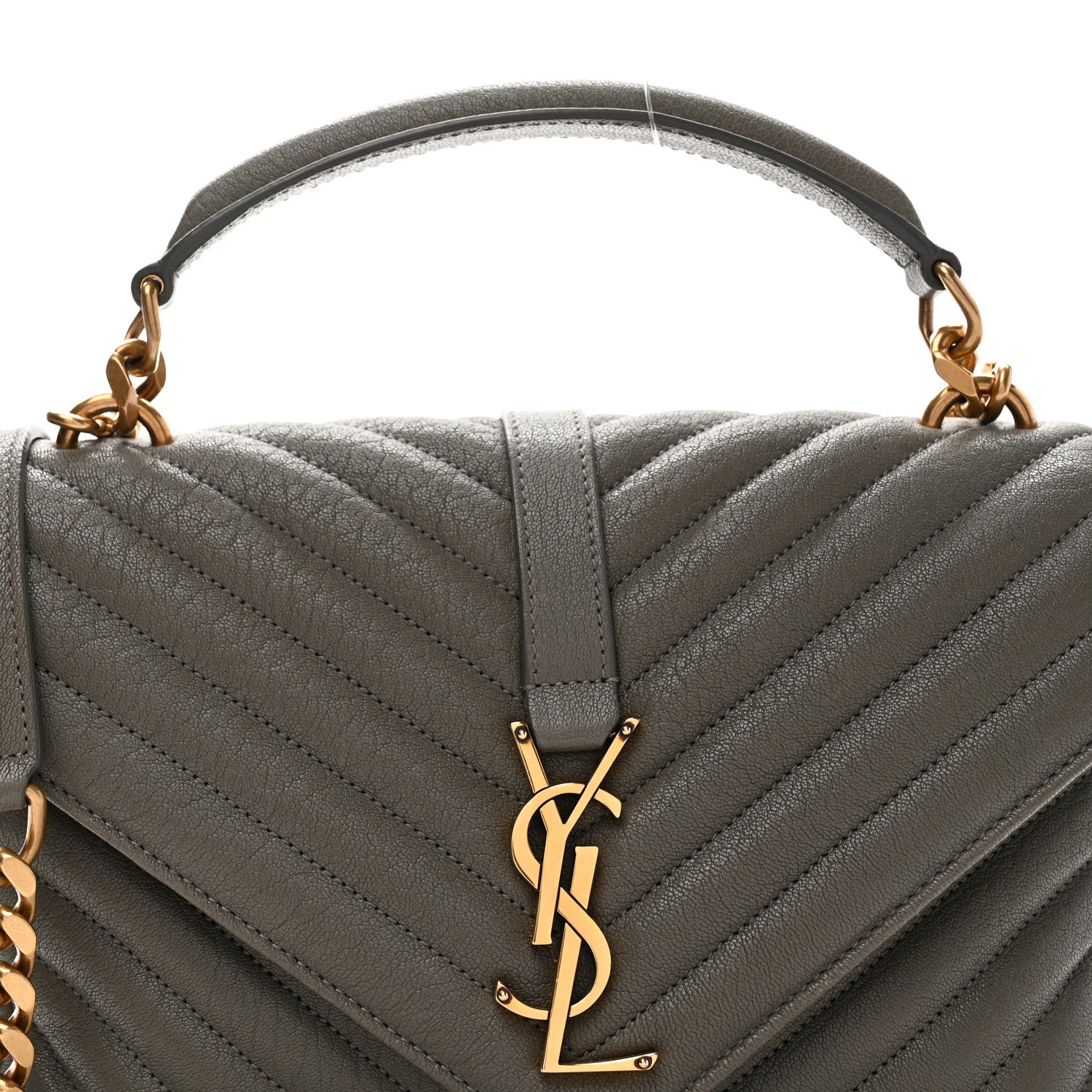 Saint Laurent Sheepskin Matelasse Chevron Monogram Medium College Bag Grey Kaki 8 of 10