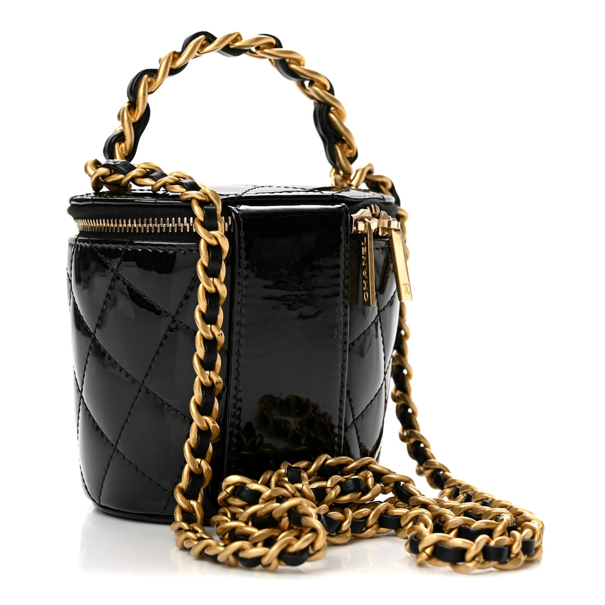 Patent Quilted Afternoon Tea Top Handle Vanity Case With Chain Black