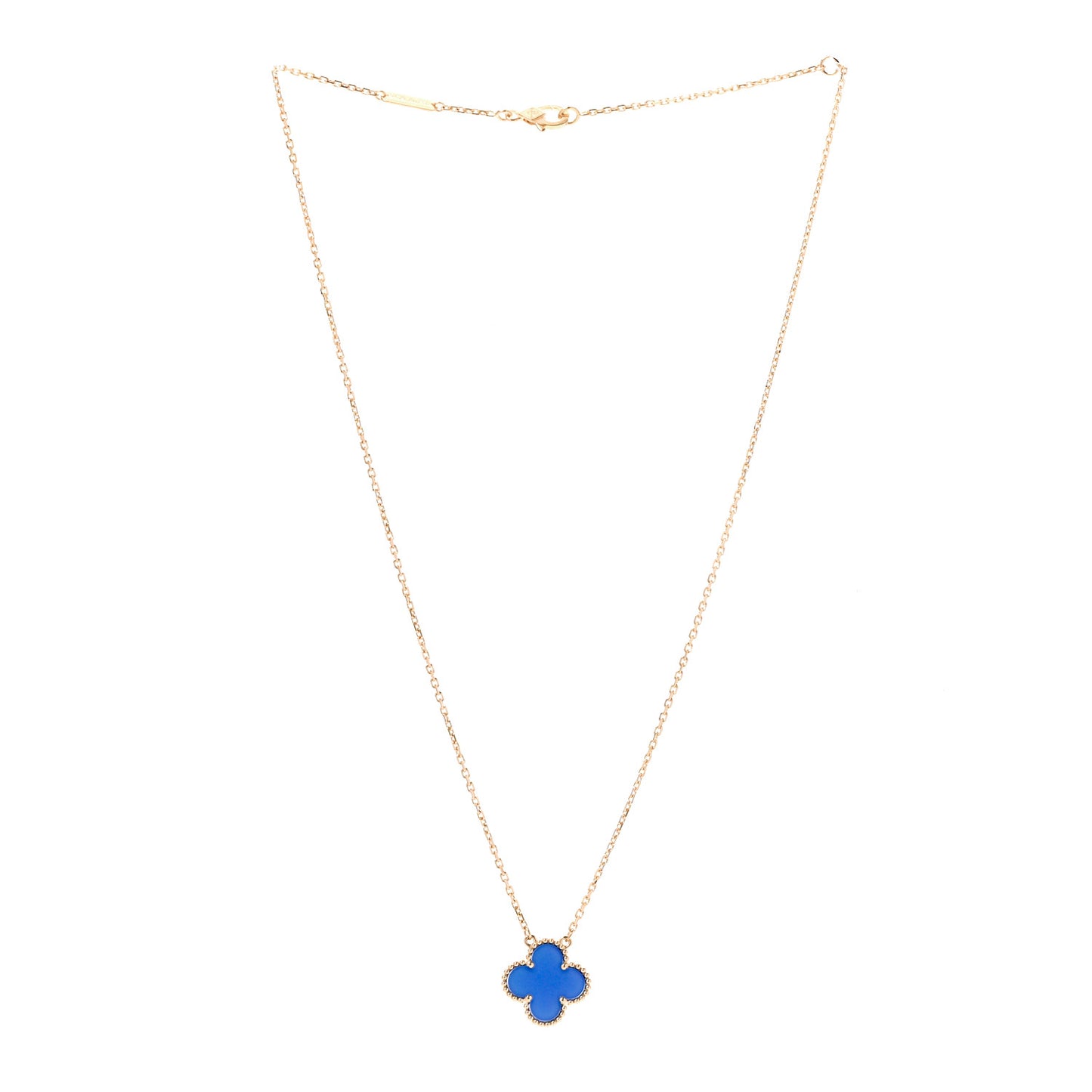 18K Yellow Gold Blue Agate Vintage Alhambra Pendant Necklace