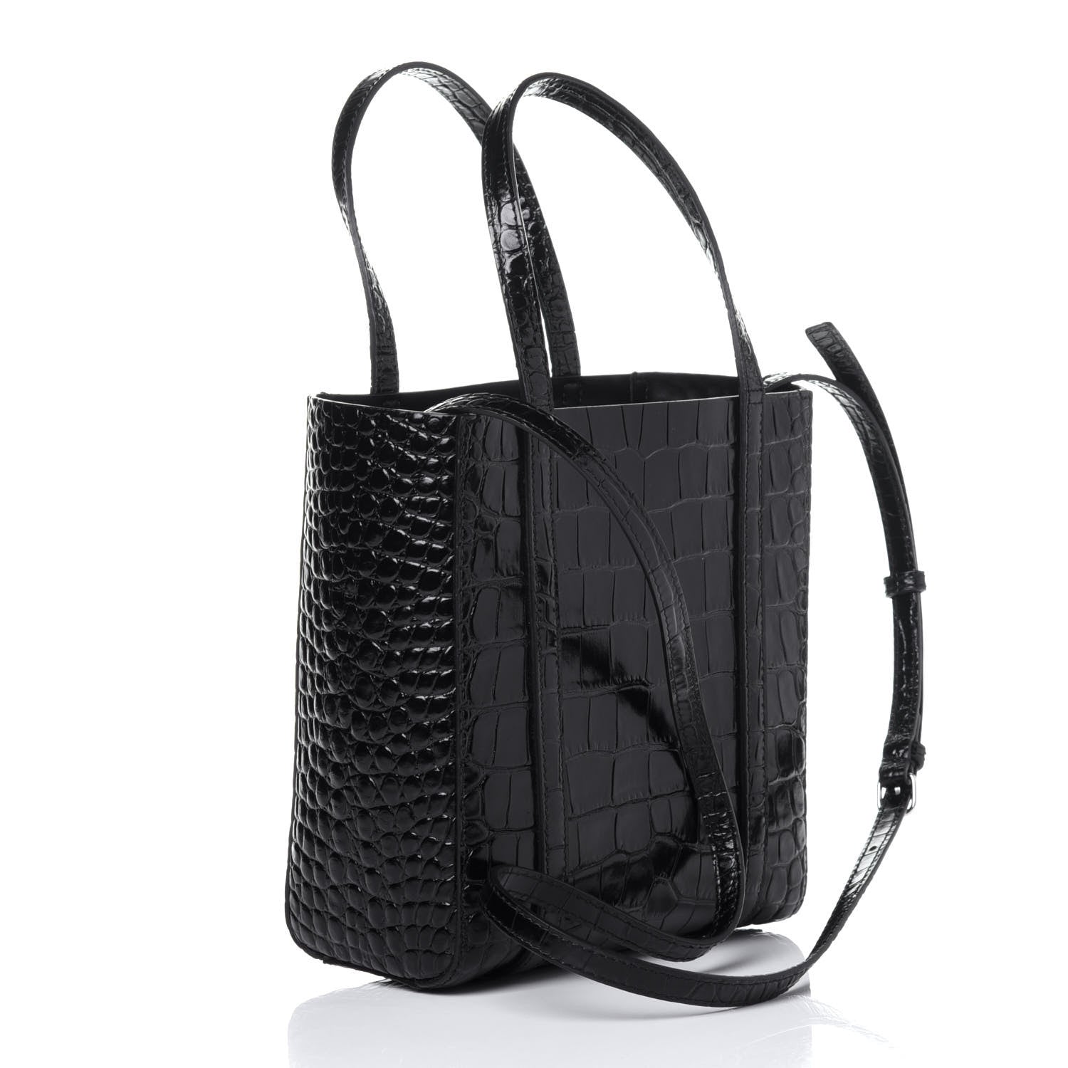 Balenciaga Shiny Calfskin Logo Crocodile Embossed XXS Everyday Tote Black 4 of 10