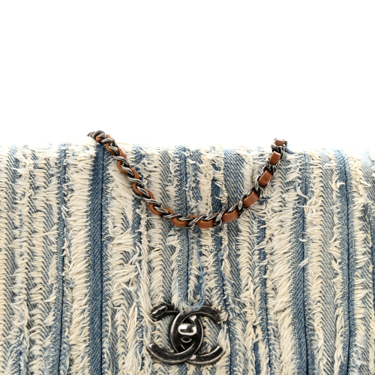 Denim Fringe Medium Single Flap Bag Blue