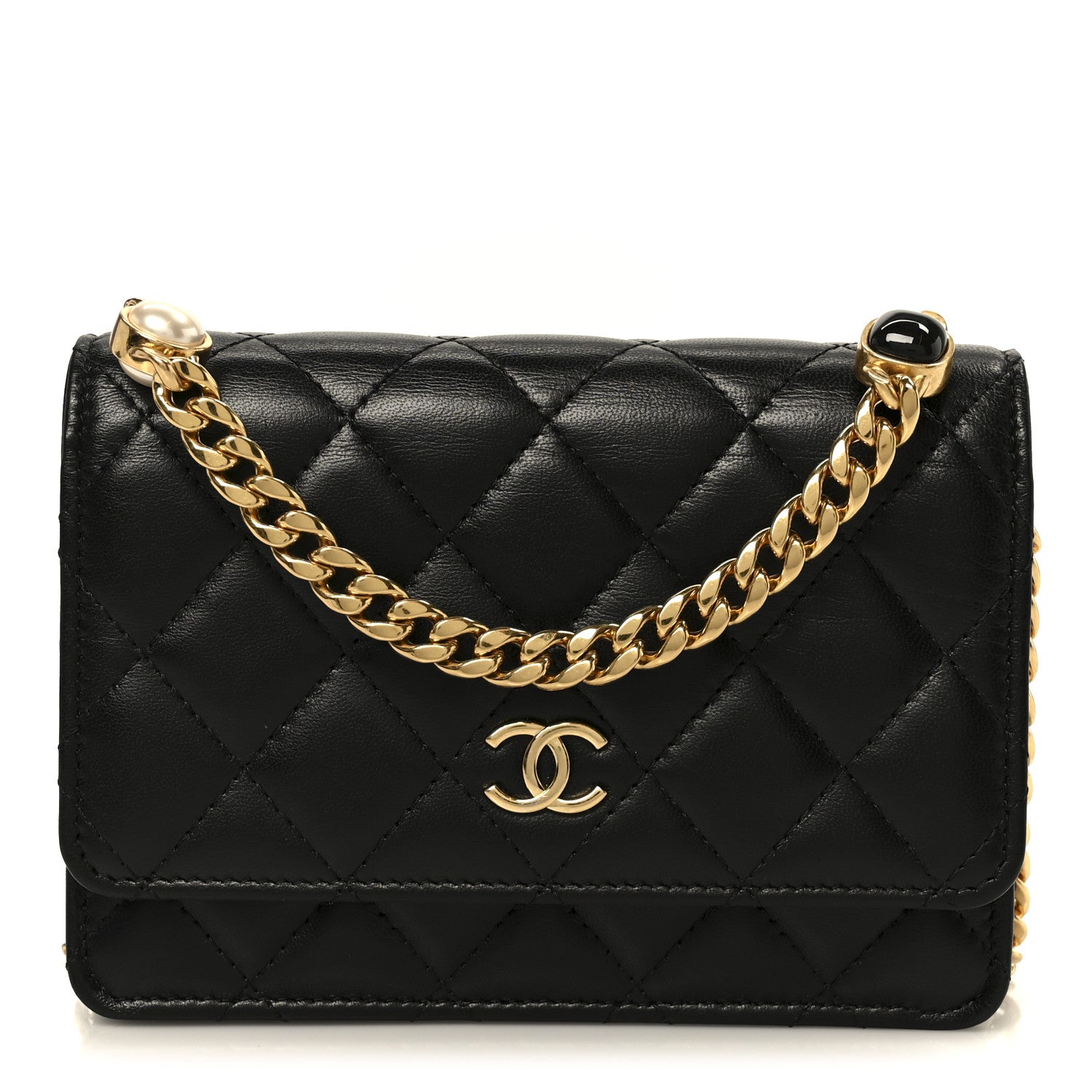 Chanel Lambskin Quilted CC Pearl Enamel Clutch on Chain WOC Black