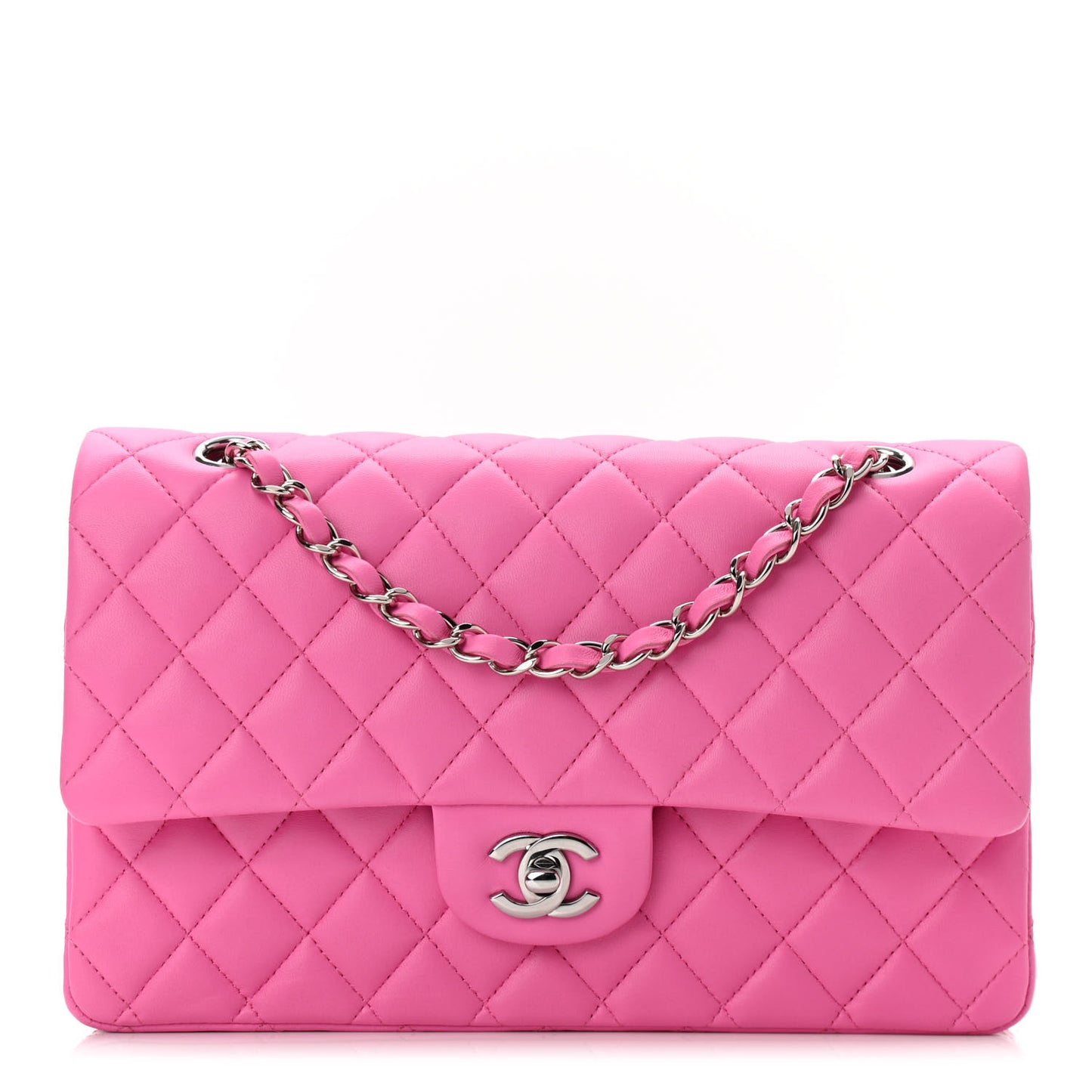 Lambskin Quilted Medium Double Flap Neon Pink