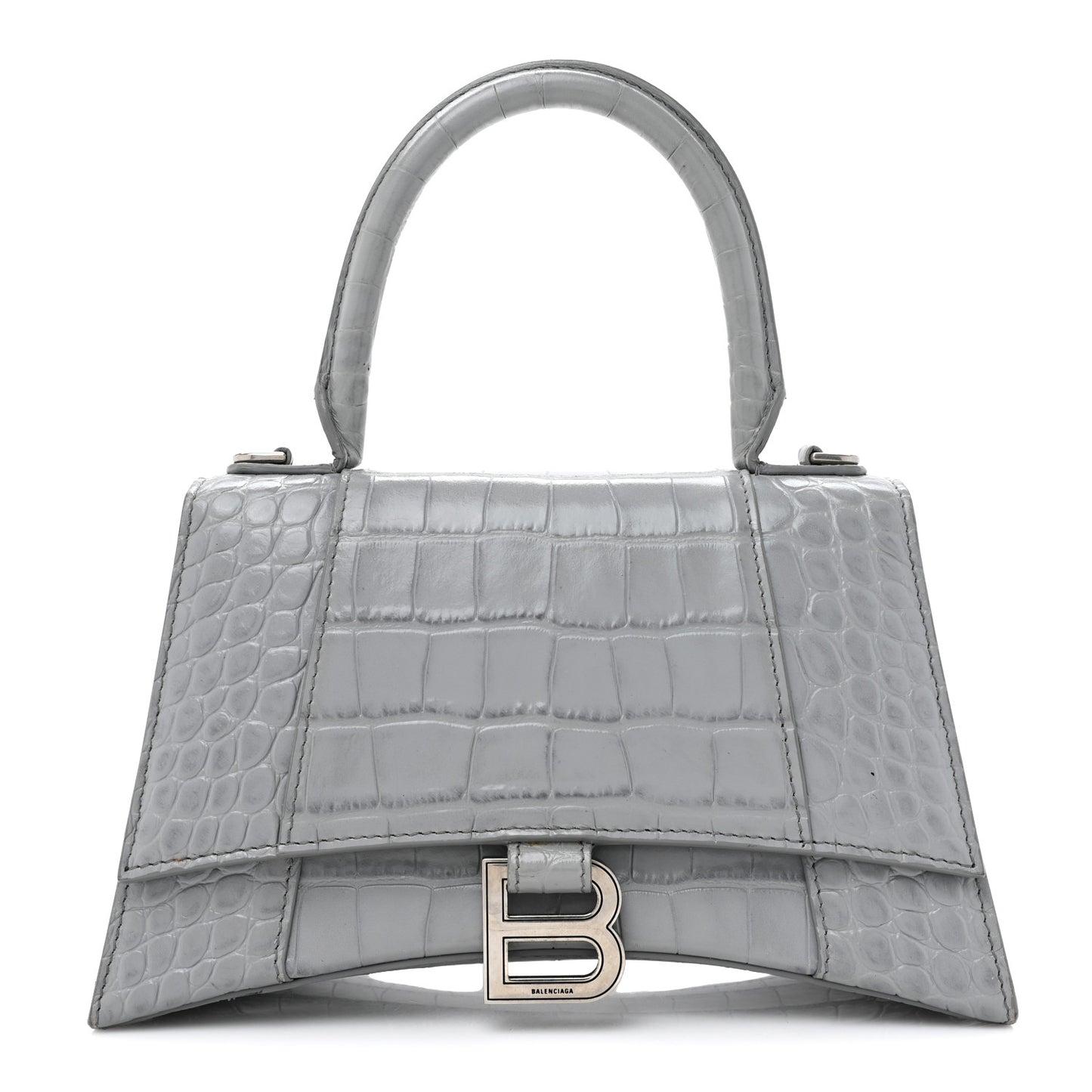 Shiny Calfskin Crocodile Embossed Small Hourglass Top Handle Bag Balenciaga Grey