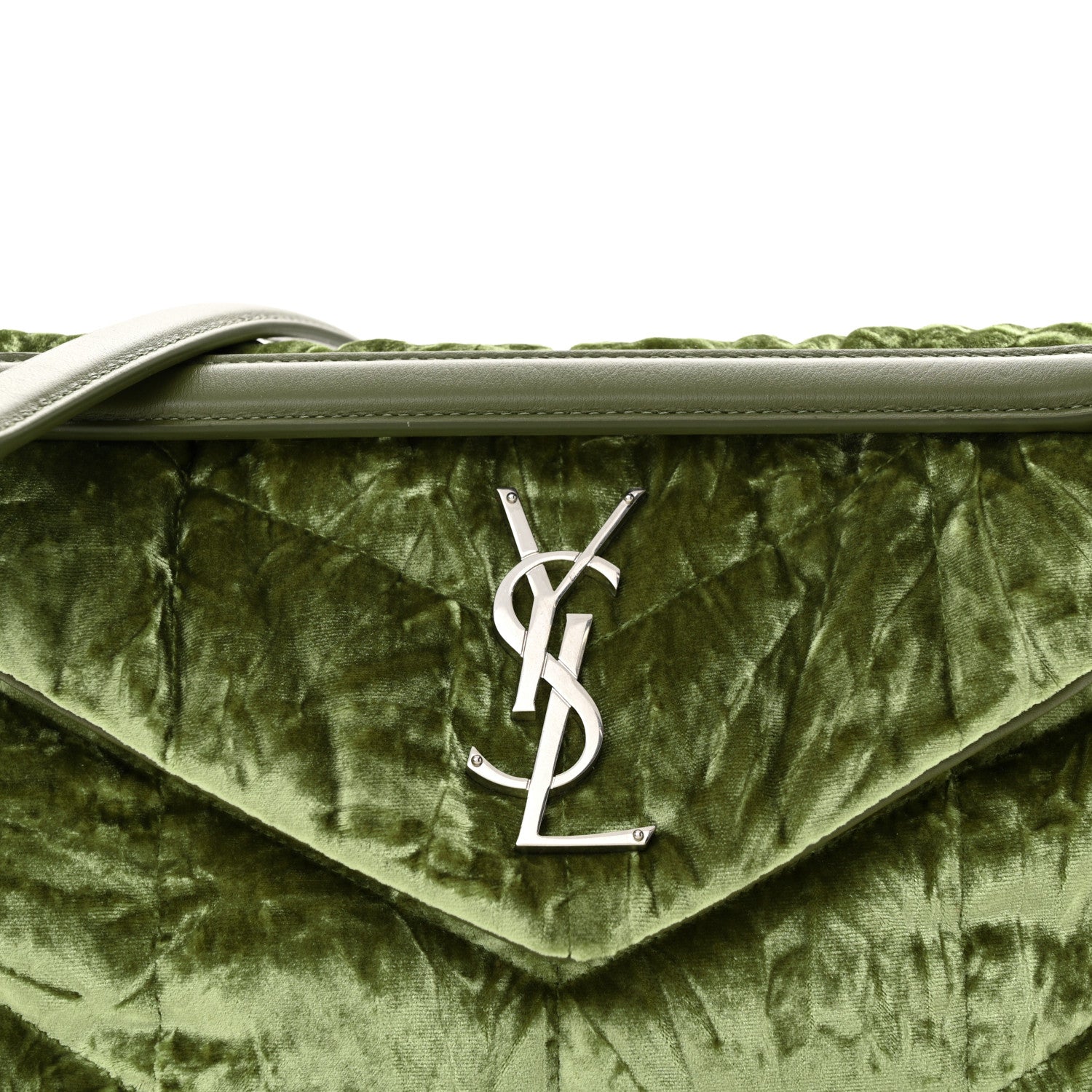 Saint Laurent Crushed Velvet Quilted Small Loulou Puffer Monogram Chain Satchel Green 8 of 11