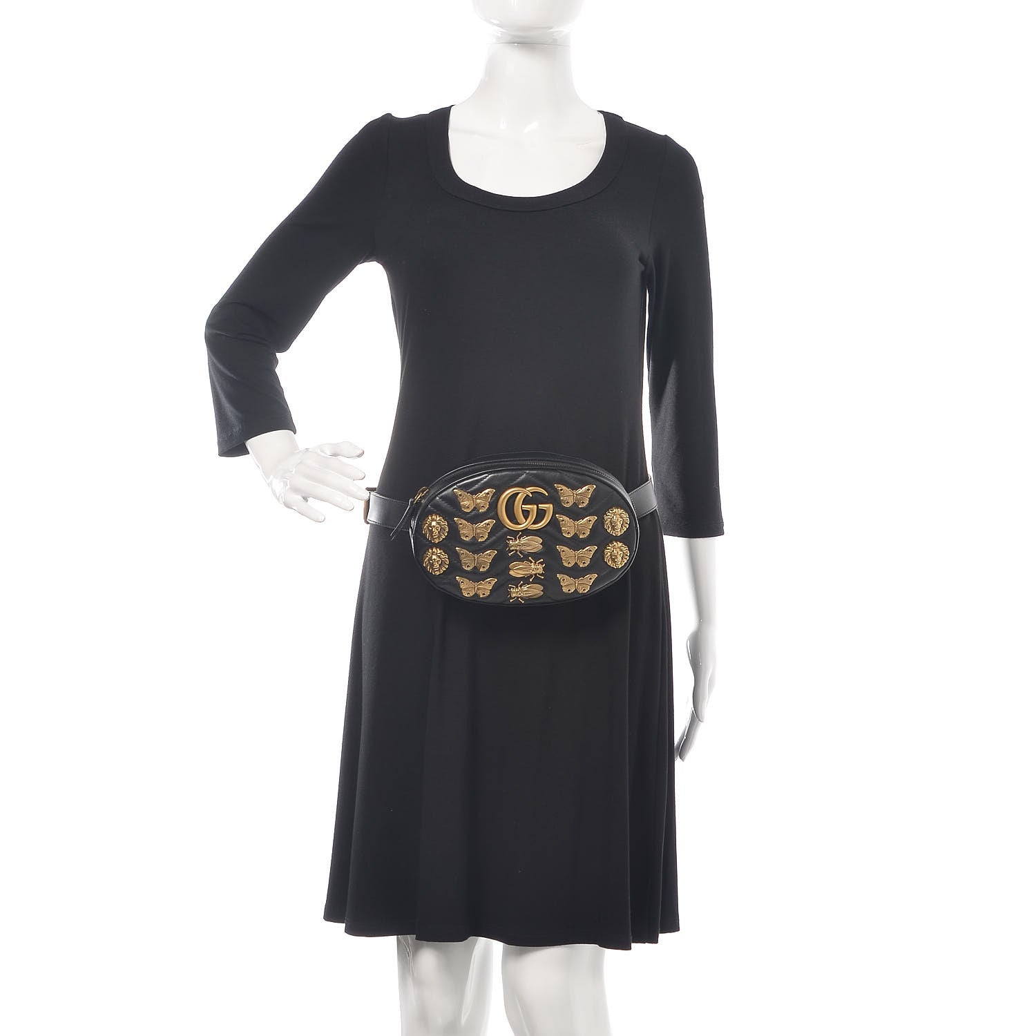 Gucci Calfskin Matelasse Animal Studs GG Marmont Belt Bag 95 38 Black 2 of 14
