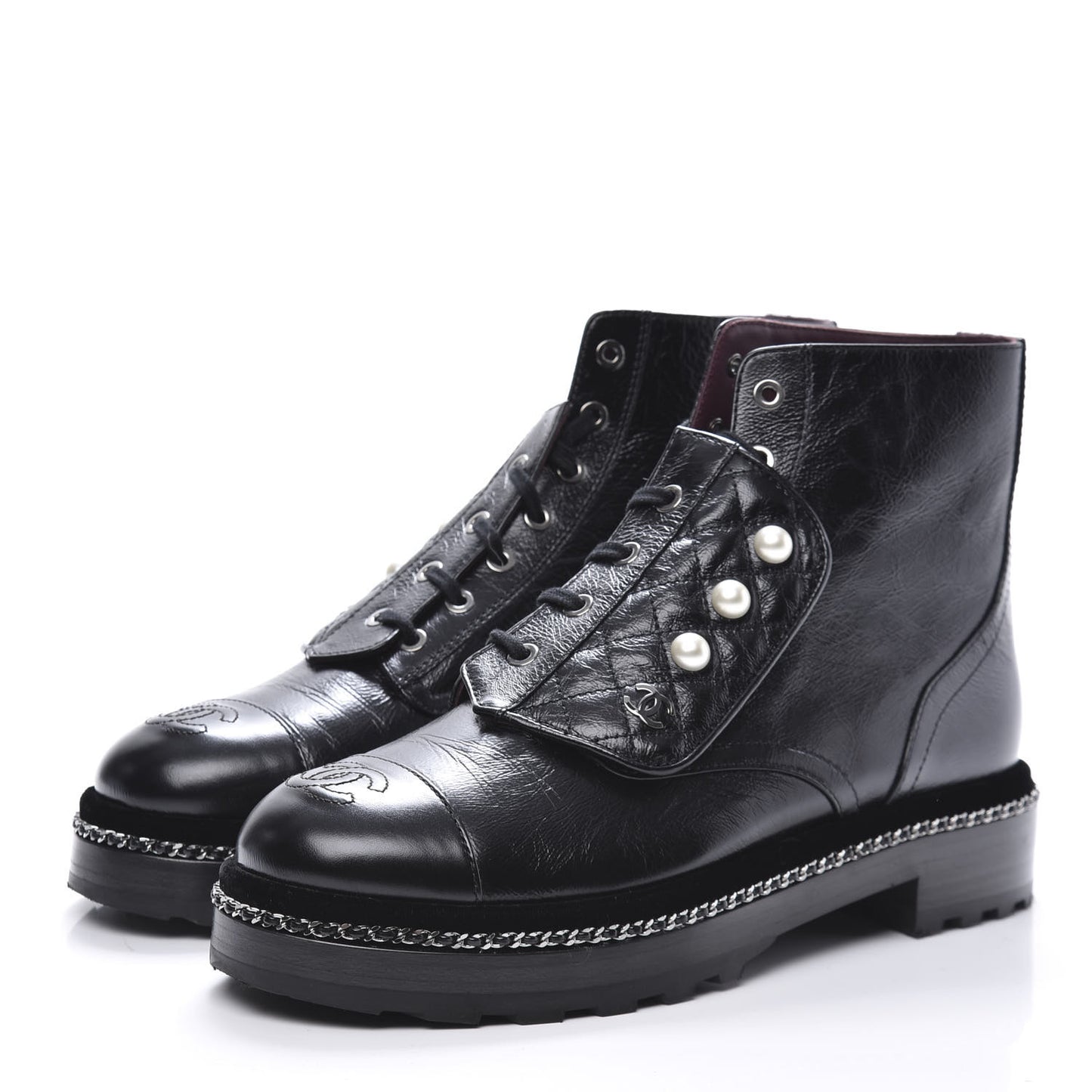 Crackled Calfskin Velvet Pearl Combat Short Boots 40 Black