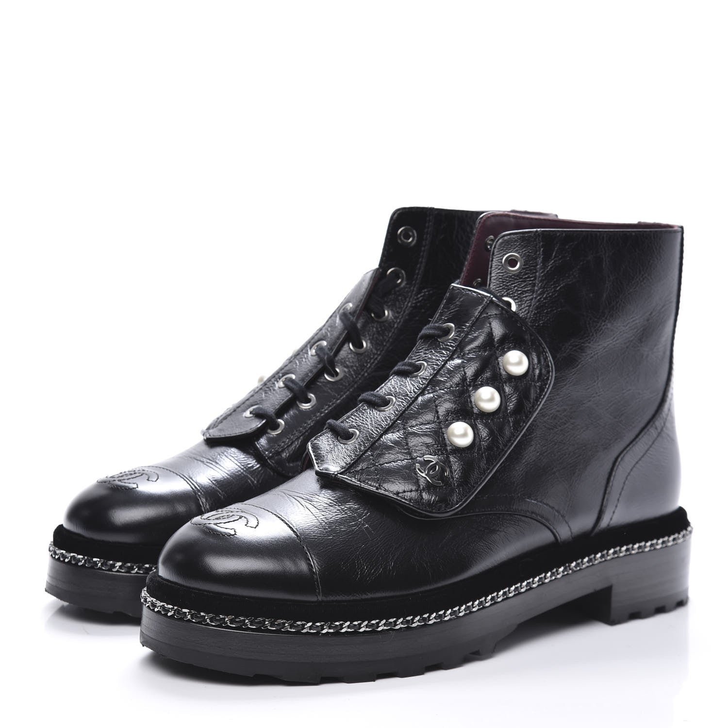 Chanel Crackled Calfskin Velvet Pearl Combat Short Boots 40 Black 5 of 8