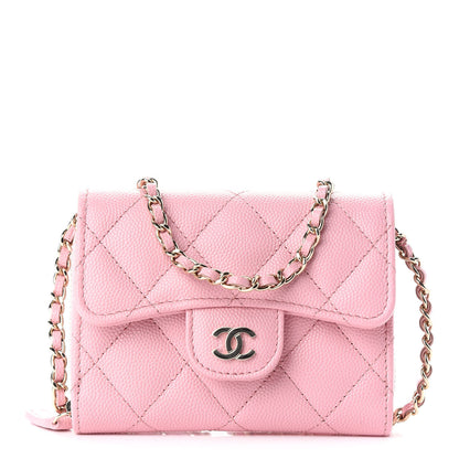 Chanel Caviar Quilted Flap Zip Card Holder On Chain Pink 1 of 8