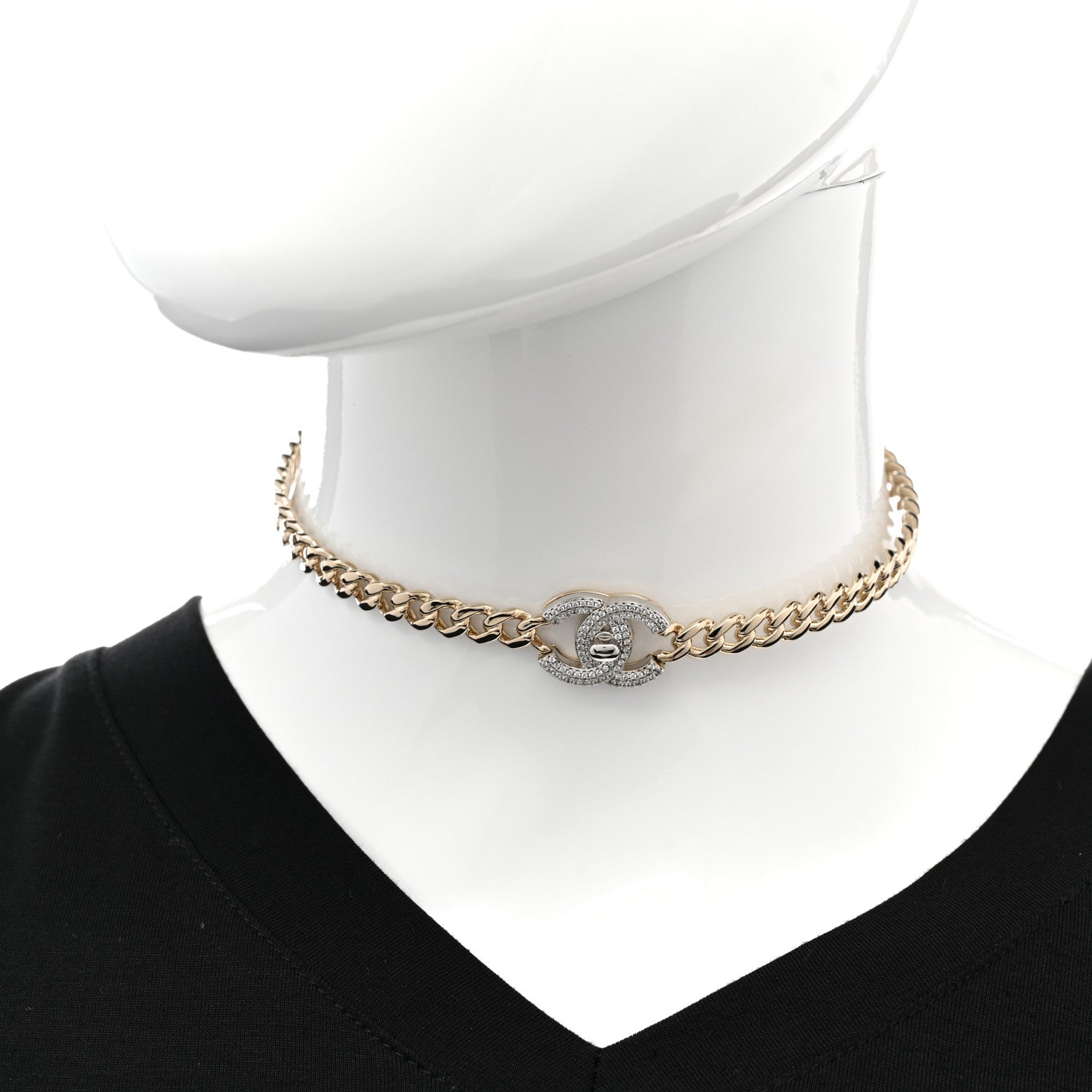 Chanel Crystal Chain Link CC Turnlock Choker Necklace Gold Silver 2 of 7