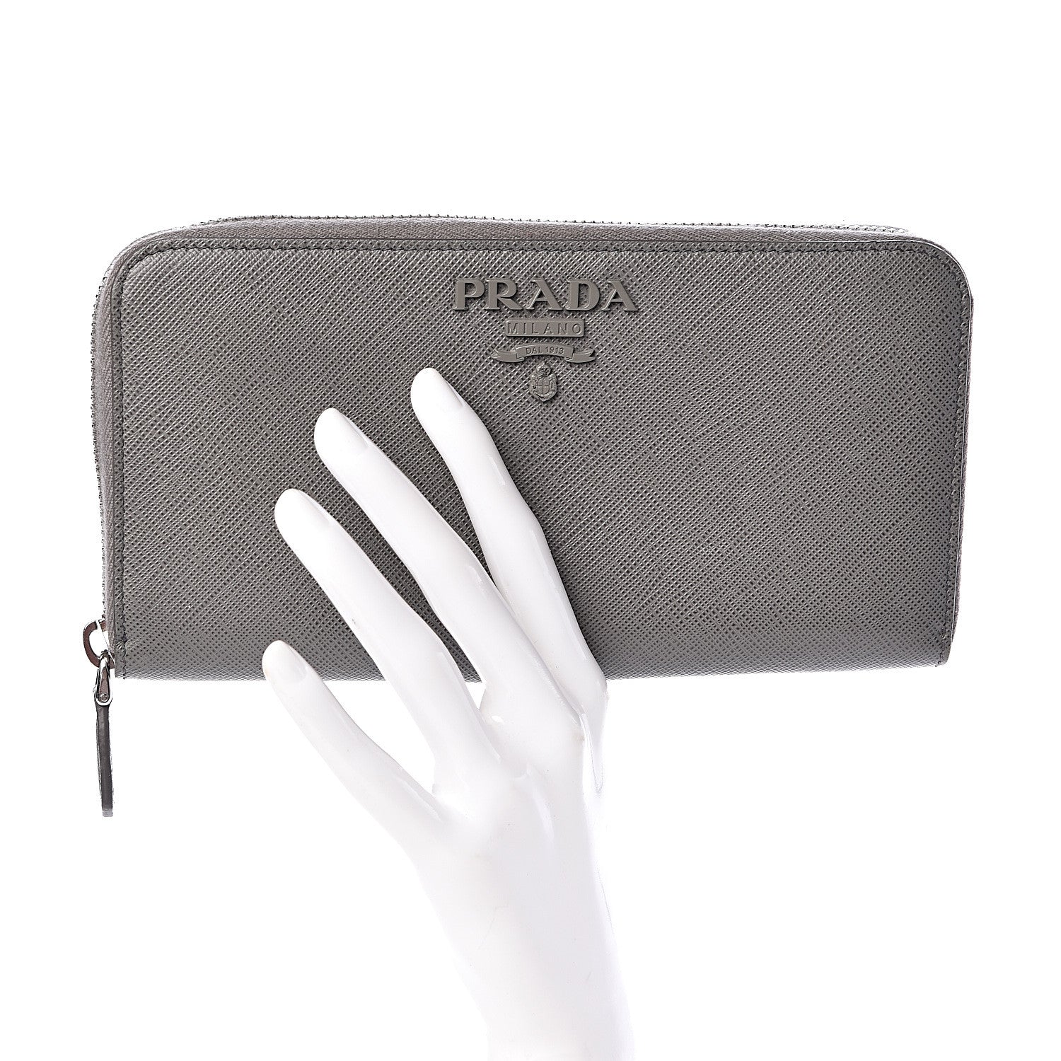 Prada Saffiano Shine Monochrome Zip Around Wallet Grey 2 of 9