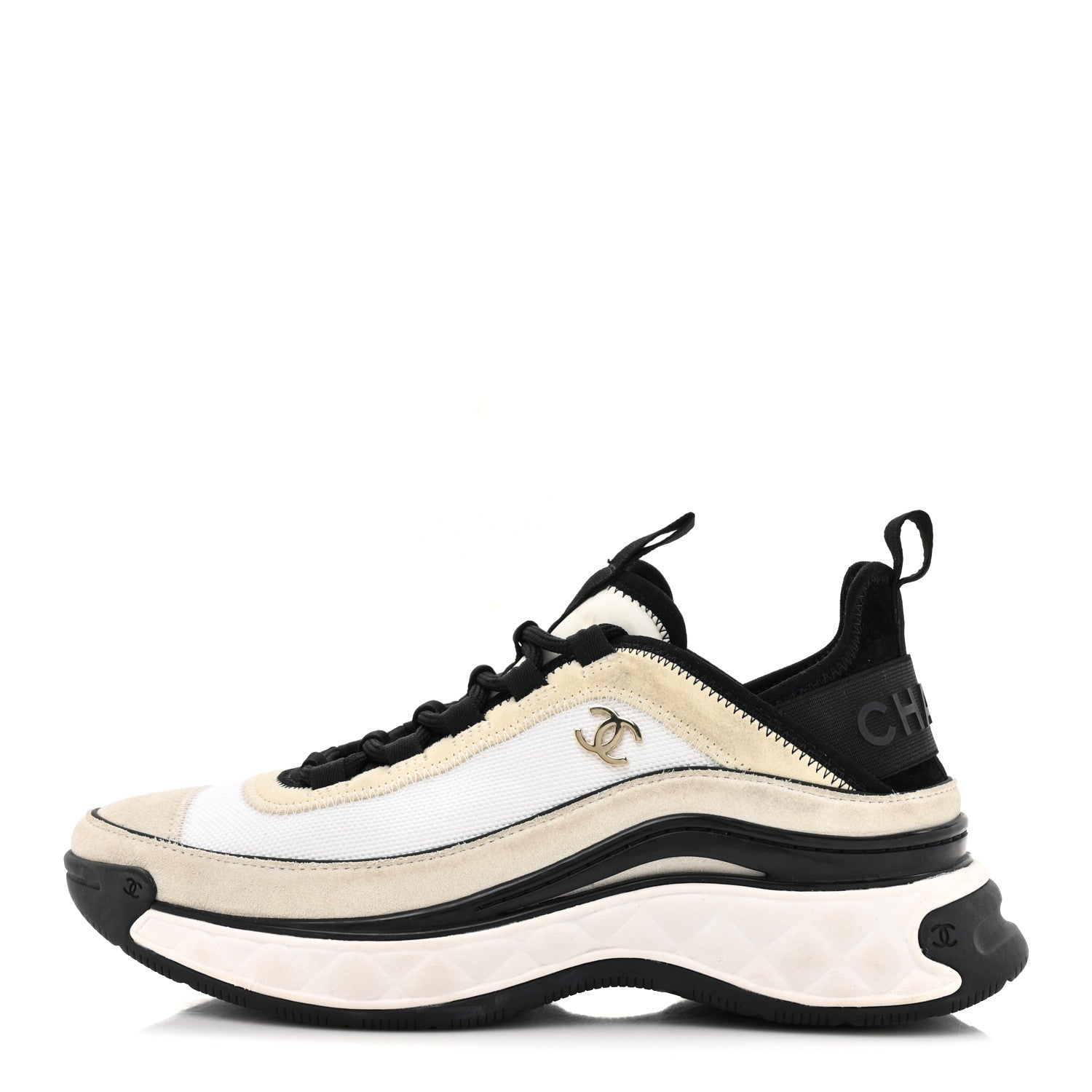 Chanel Velvet Calfskin Mixed Fibers CC Sneakers 37.5 Ivory Black 1 of 12