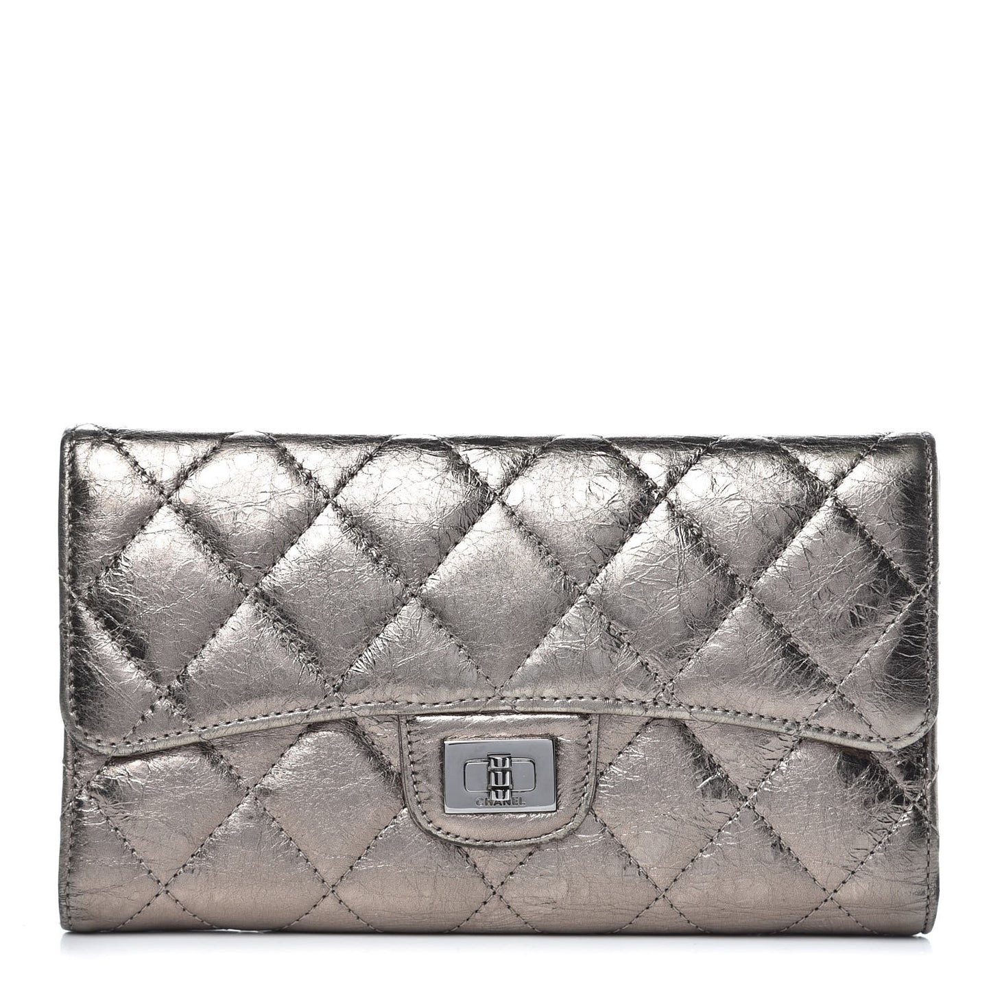 Metallic Aged Calfskin Quilted Reissue Long Flap Wallet Silver