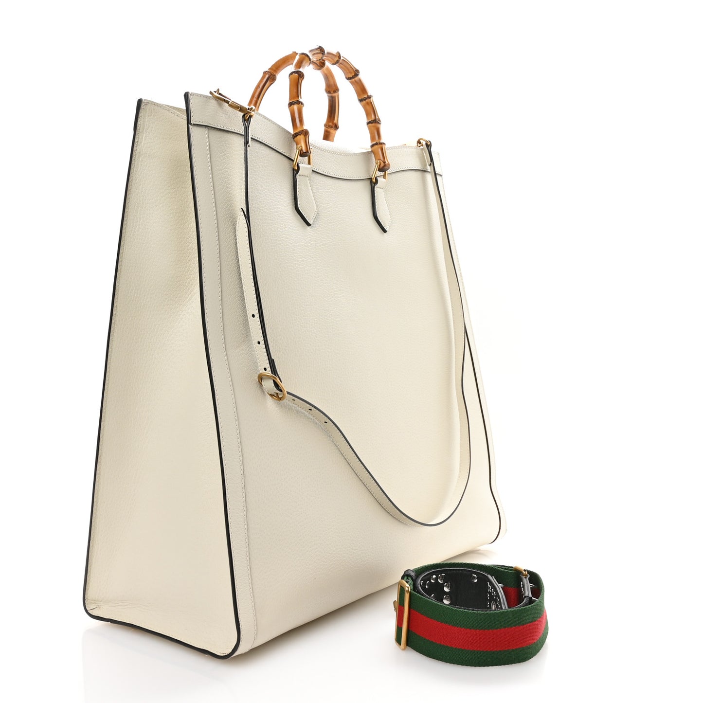 Textured Dollar Calfskin Web Stripe Studded Maxi Diana Tote Bag White Multicolor