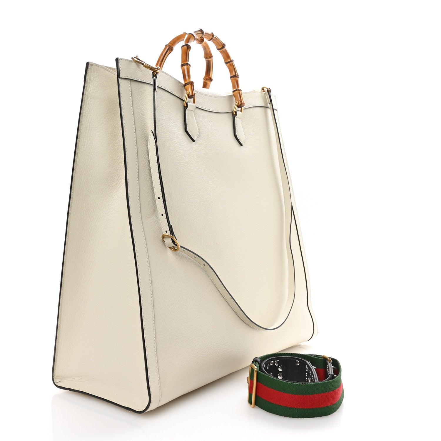 Gucci Textured Dollar Calfskin Web Stripe Studded Maxi Diana Tote Bag White Multicolor 2 of 9