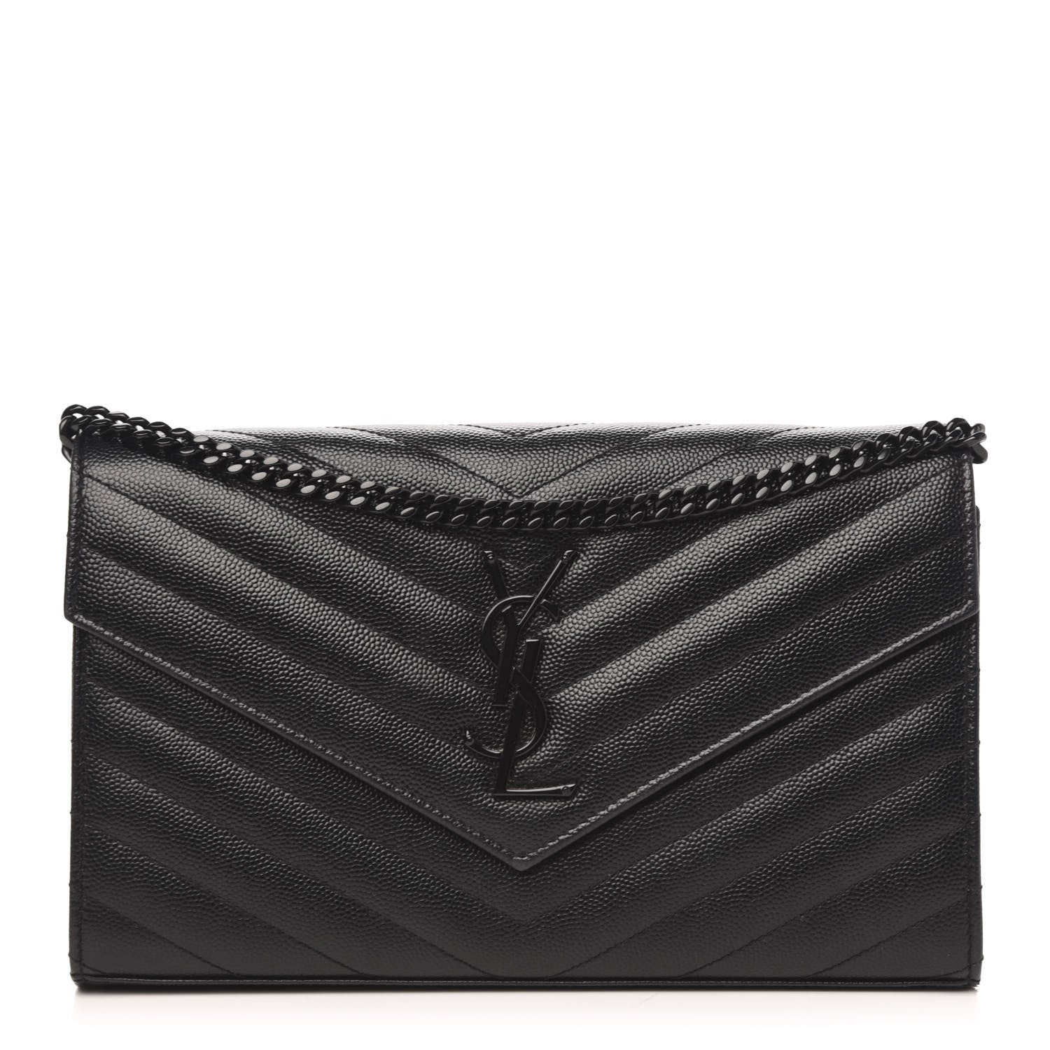 Saint Laurent Grain De Poudre Matelasse Chevron Monogram Chain Wallet Black 1 of 10