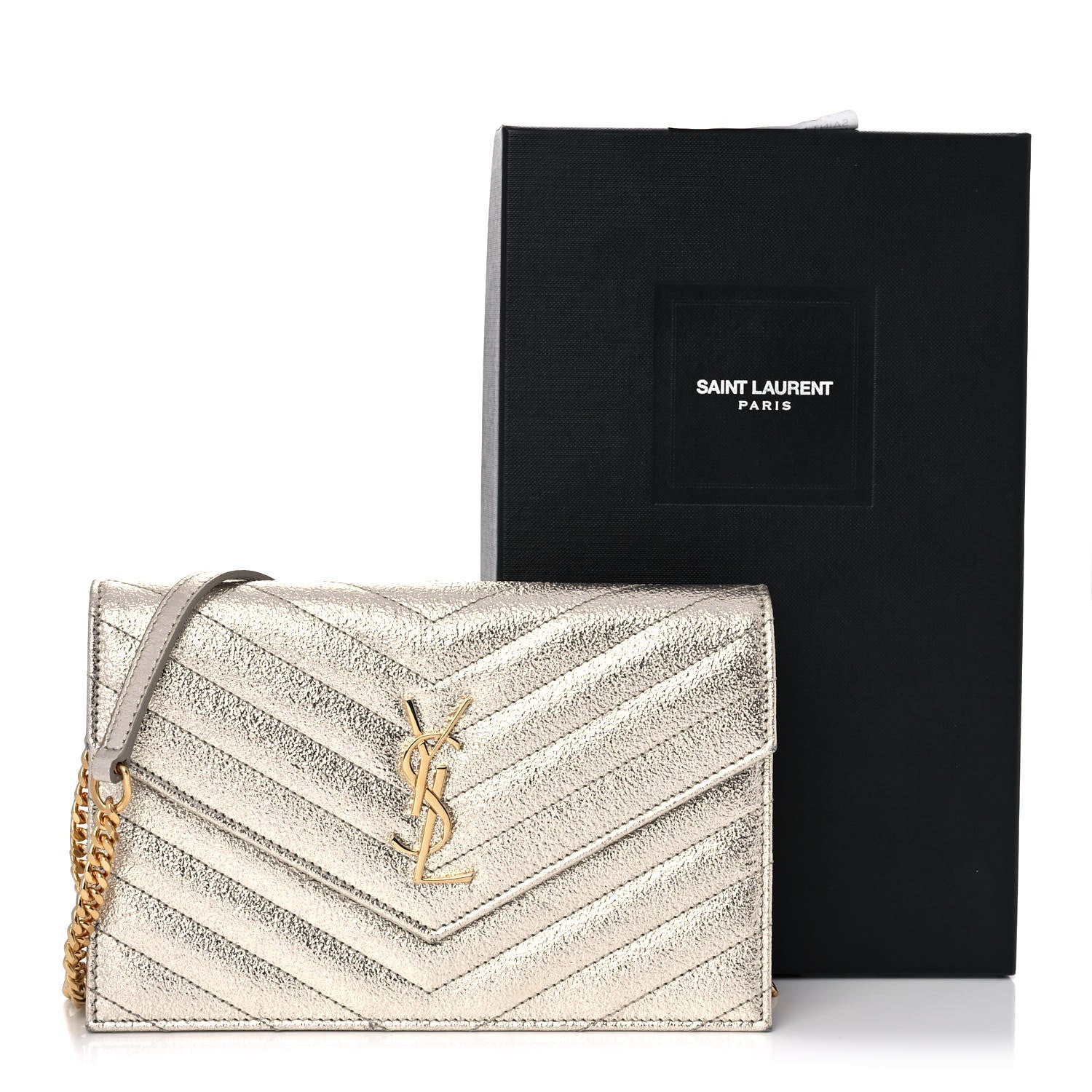 Saint Laurent Metallic Crackled Calfskin Matelasse Chevron Monogram Envelope Chain Wallet Gold 11 of 11