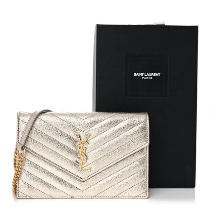 Saint Laurent Metallic Crackled Calfskin Matelasse Chevron Monogram Envelope Chain Wallet Gold 11 of 11