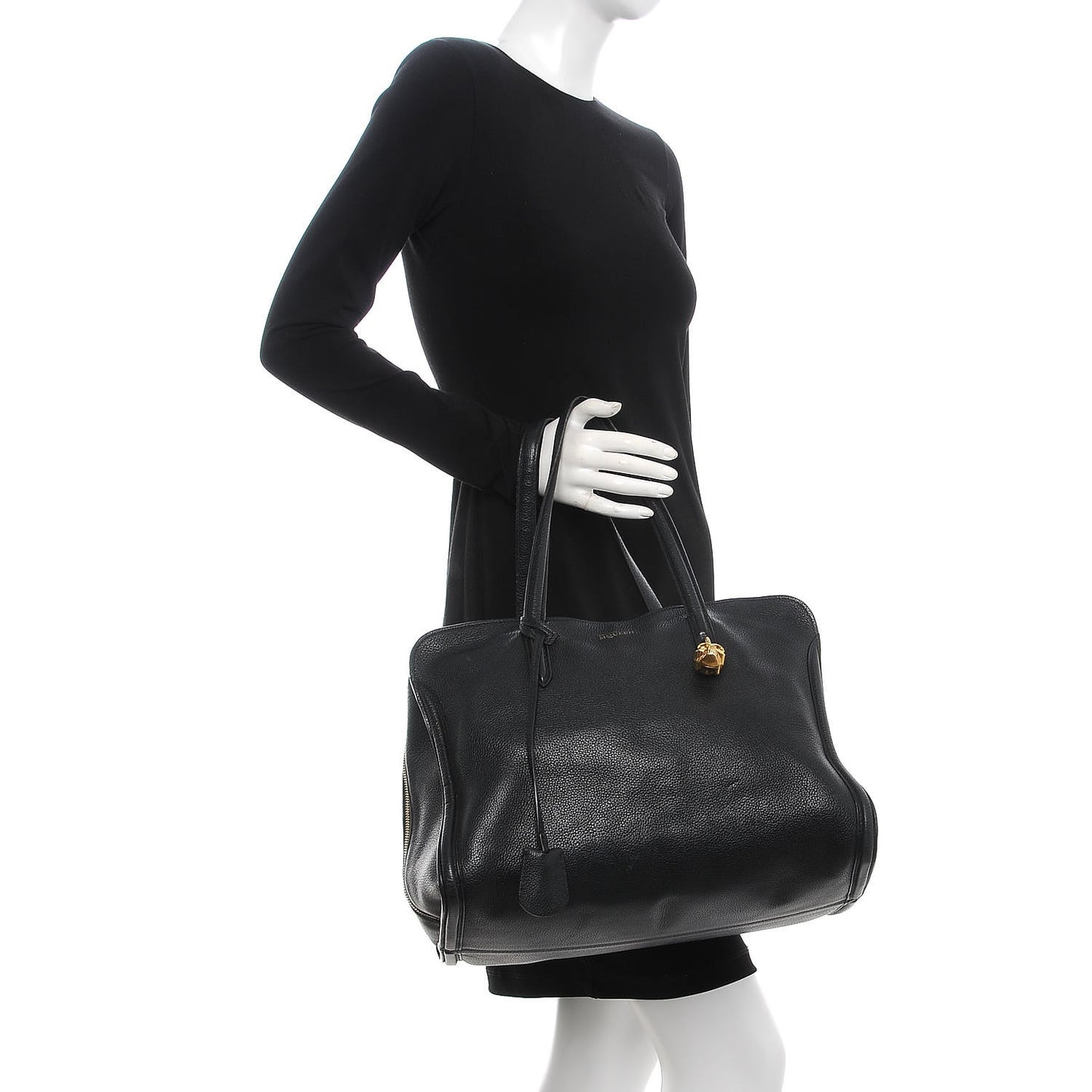 Pebbled Calfskin Large Skull Padlock Zip Around Tote Black
