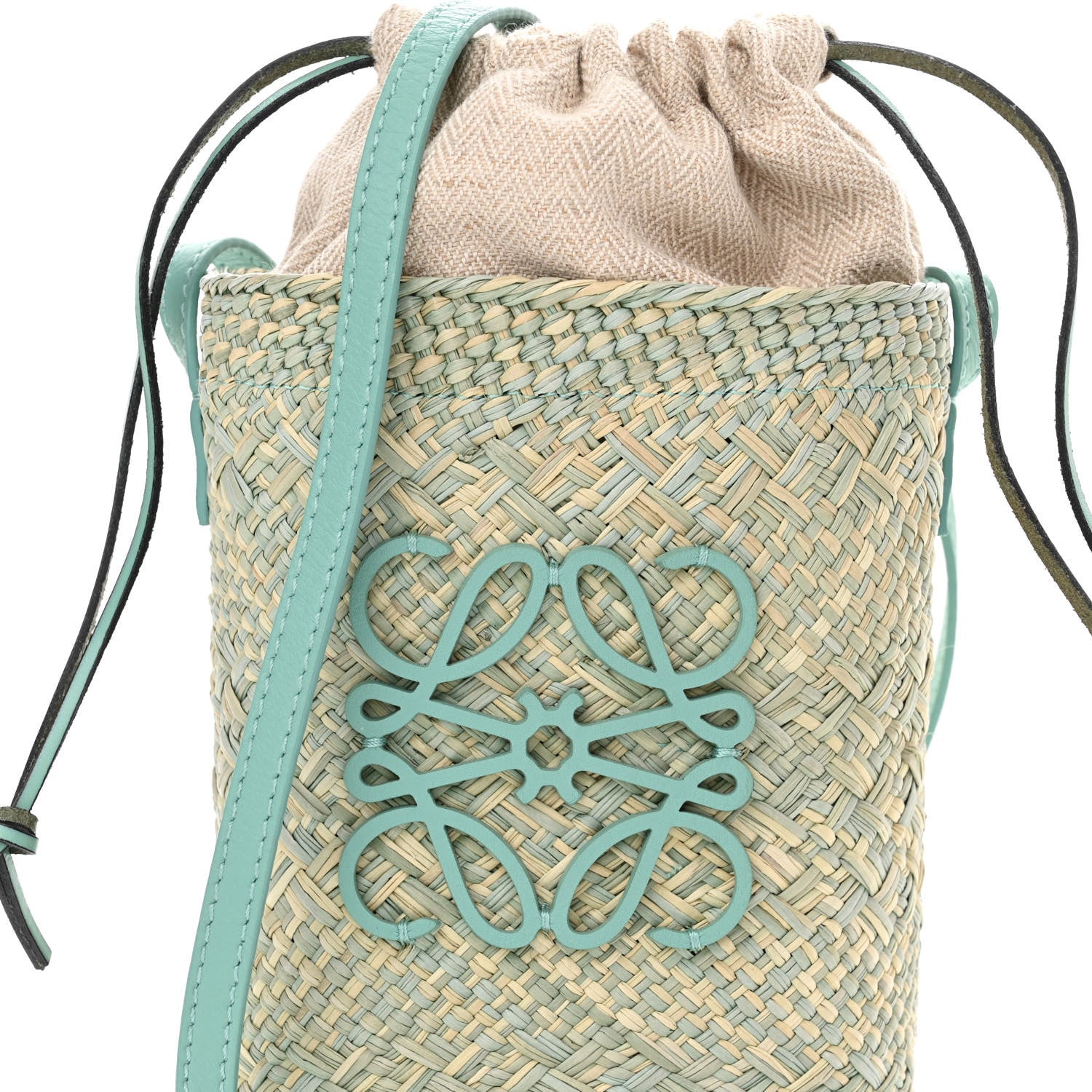 Loewe Iraca Palm Calfskin Anagram Square Pocket Bucket Bag Natural Fresh Mint 8 of 10