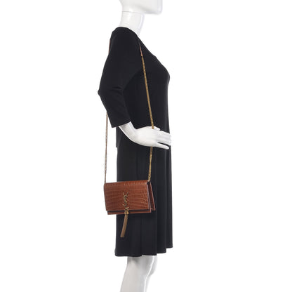 Saint Laurent Calfskin Crocodile Embossed Kate Monogram Tassel Chain Wallet Cuoio Tampona 2 of 9