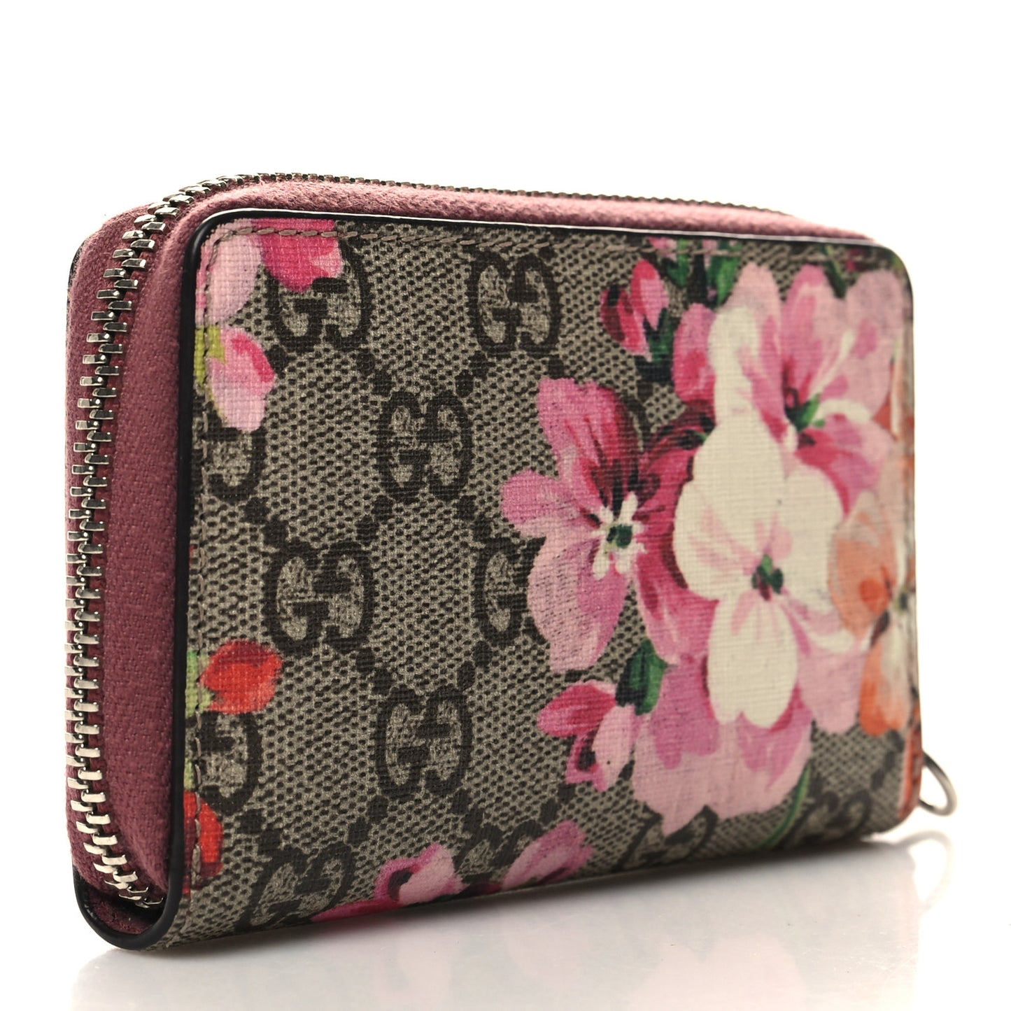 GG Supreme Monogram Blooms Zip Around Card Case Wallet Beige Multicolor Dry Rose