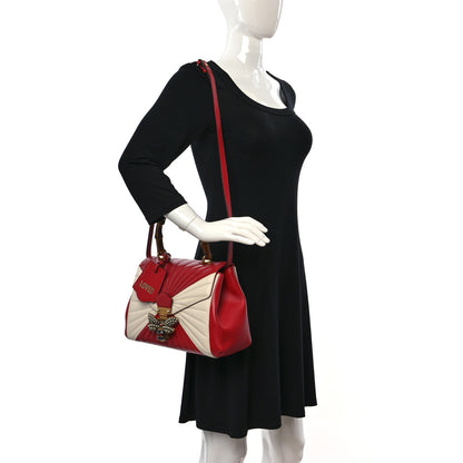 Gucci Calfskin Bamboo Trapuntata Queen Margaret Top Handle Bag Mystic White Hibiscus Red 2 of 9
