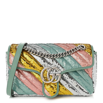 Gucci Sequin Satin Calfskin Matelasse Diagonal Small GG Marmont Shoulder Bag  Grigio Argento Verde Chiaro Rosa Giallo Light Water Green 1 of 10