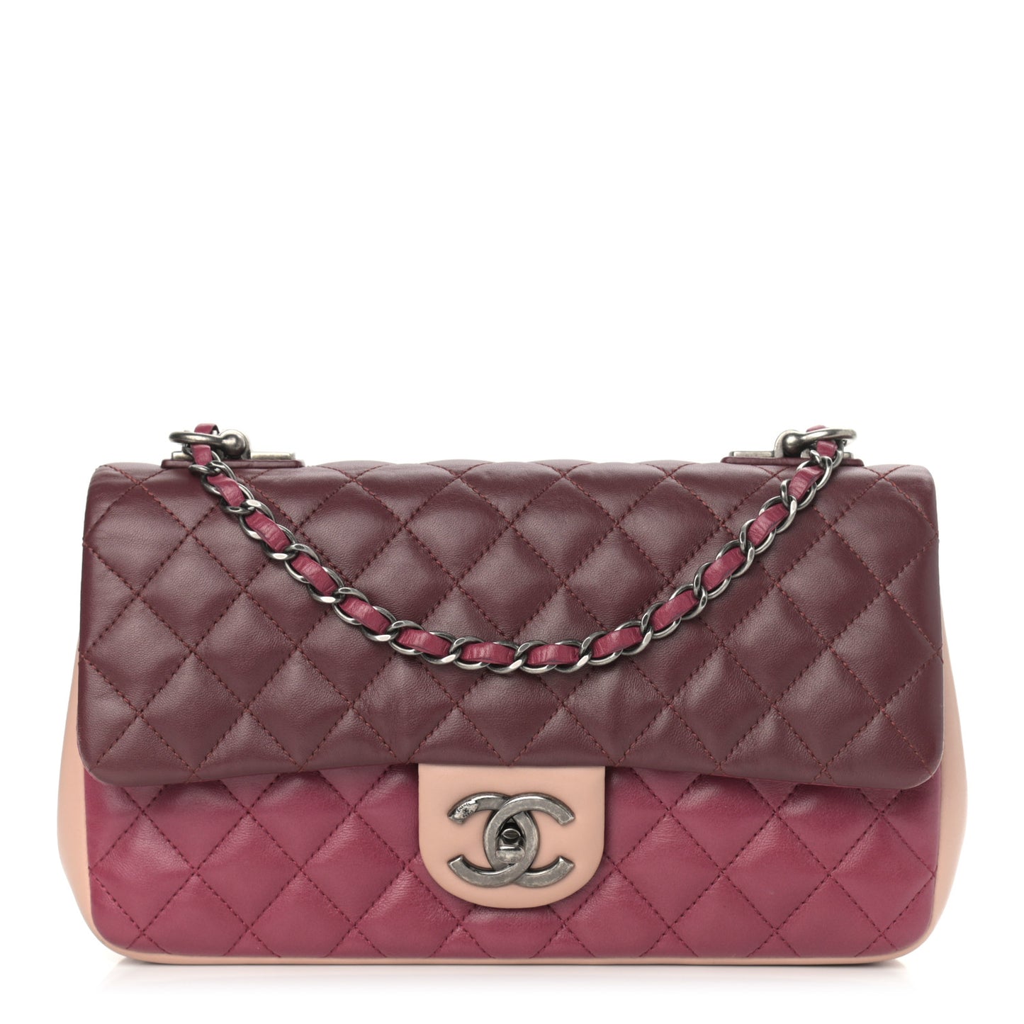 Lambskin Quilted Medium Tri-Color Flap Burgundy Dark Pink