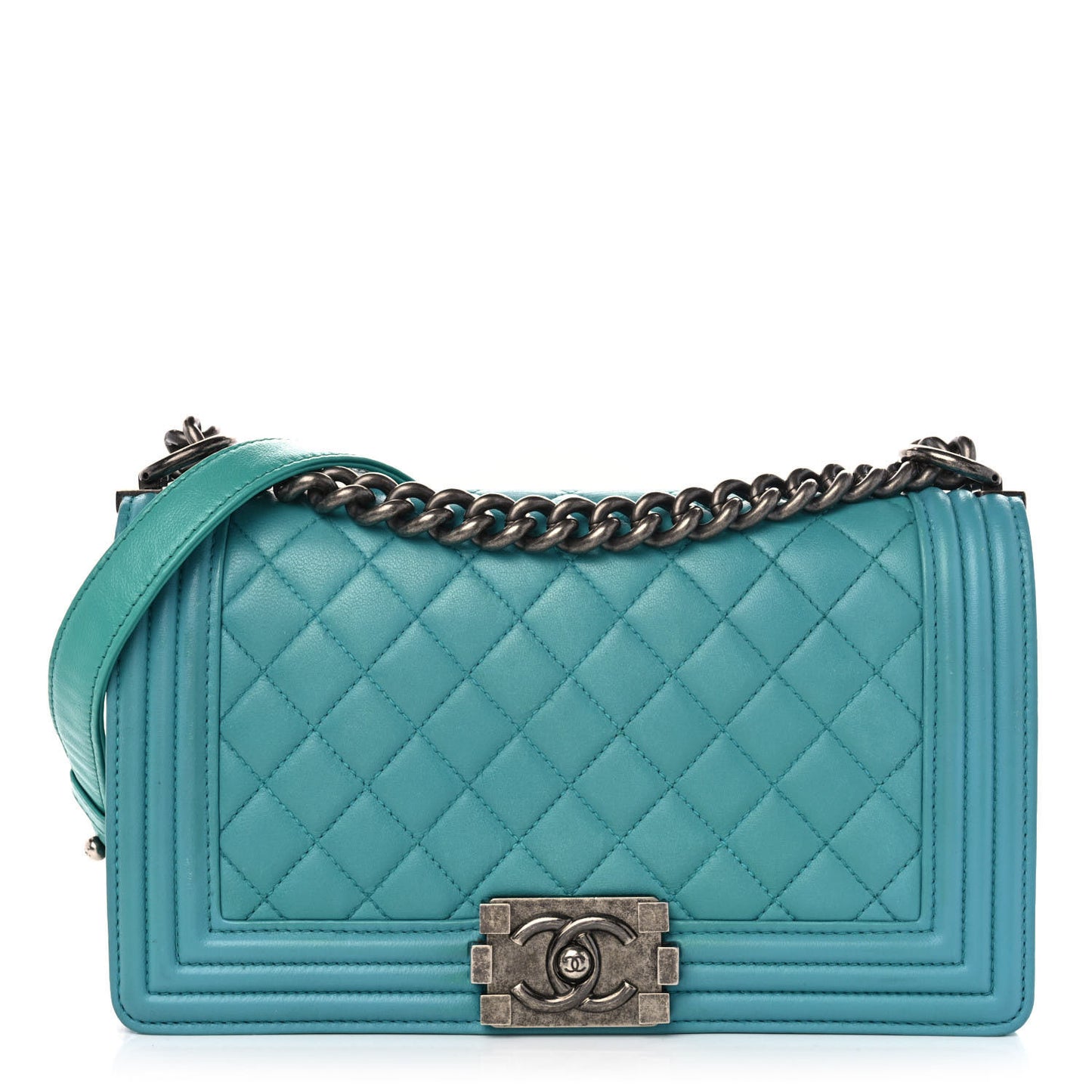 Calfskin Quilted Medium Boy Flap Turquoise