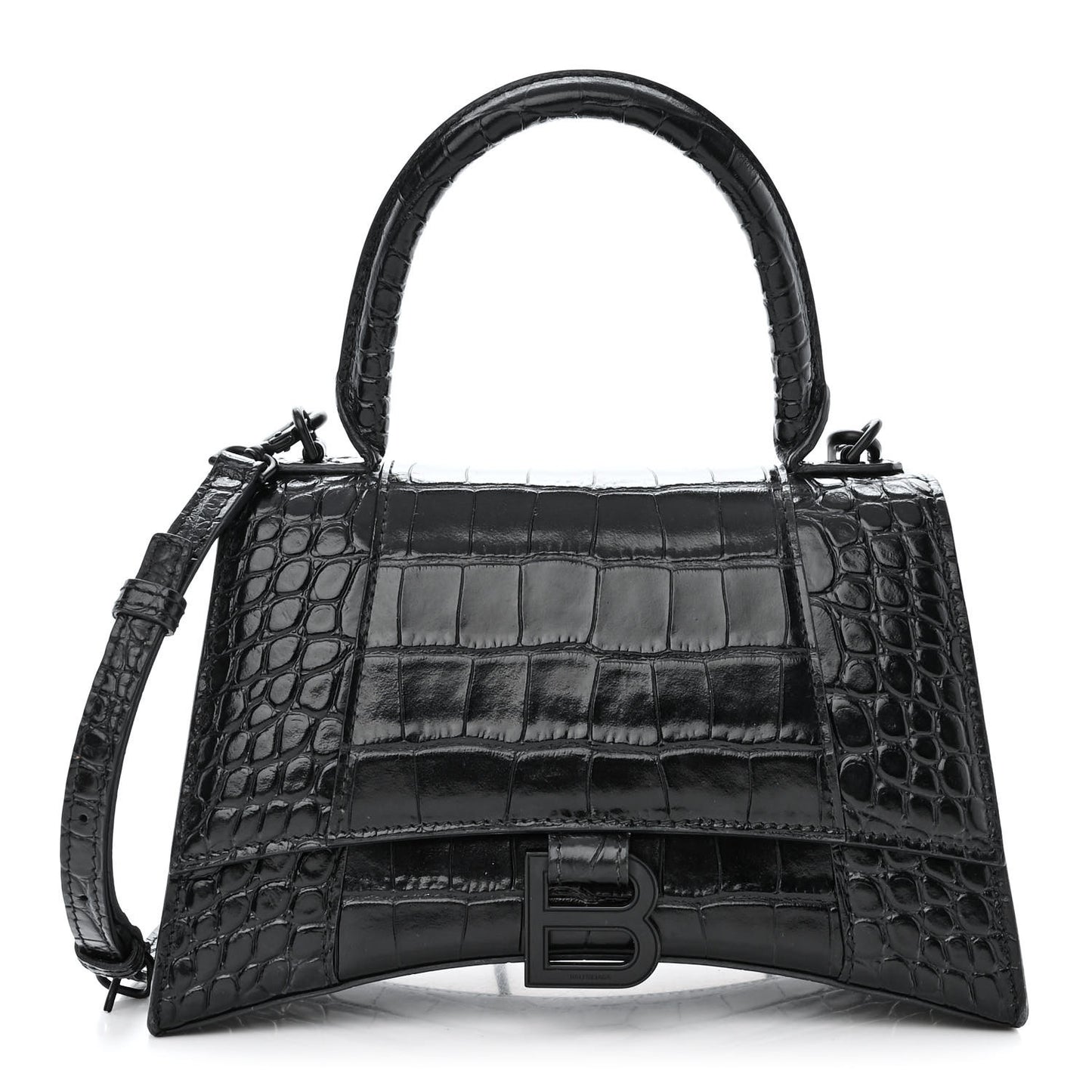 Shiny Calfskin Monochrome Crocodile Embossed Small Hourglass Top Handle Bag Black