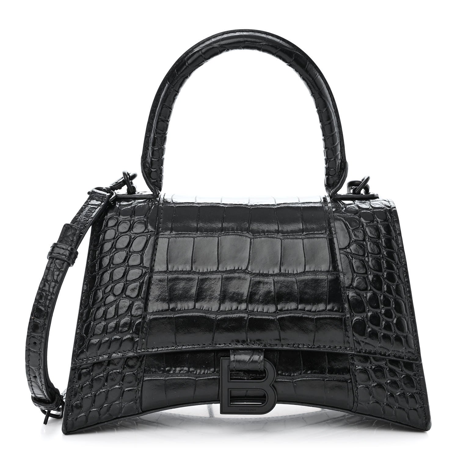 Balenciaga Shiny Calfskin Monochrome Crocodile Embossed Small Hourglass Top Handle Bag Black 1 of 15