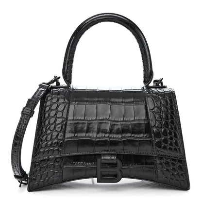 Balenciaga Shiny Calfskin Monochrome Crocodile Embossed Small Hourglass Top Handle Bag Black 1 of 15