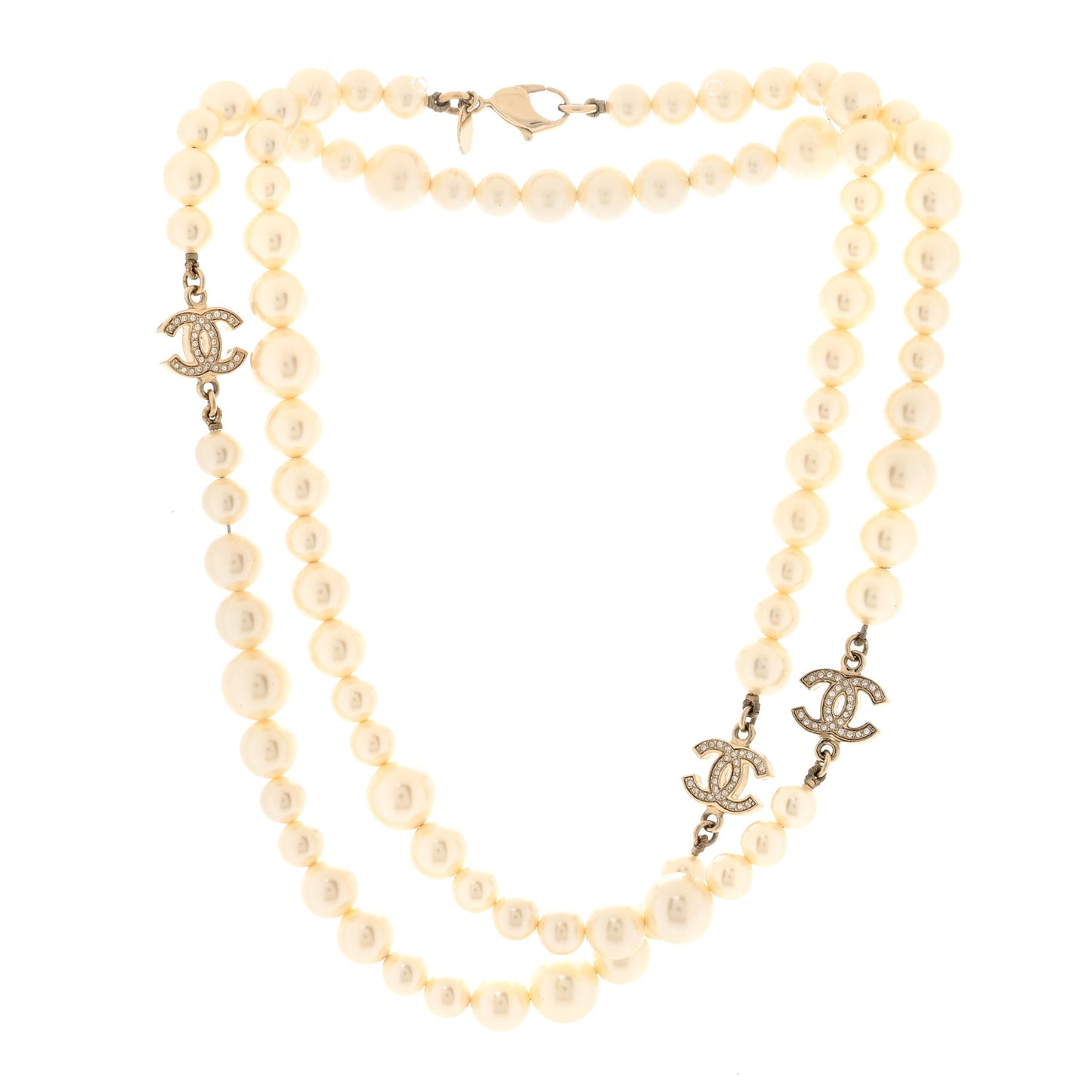 Graduated Pearl Crystal CC Long Necklace White