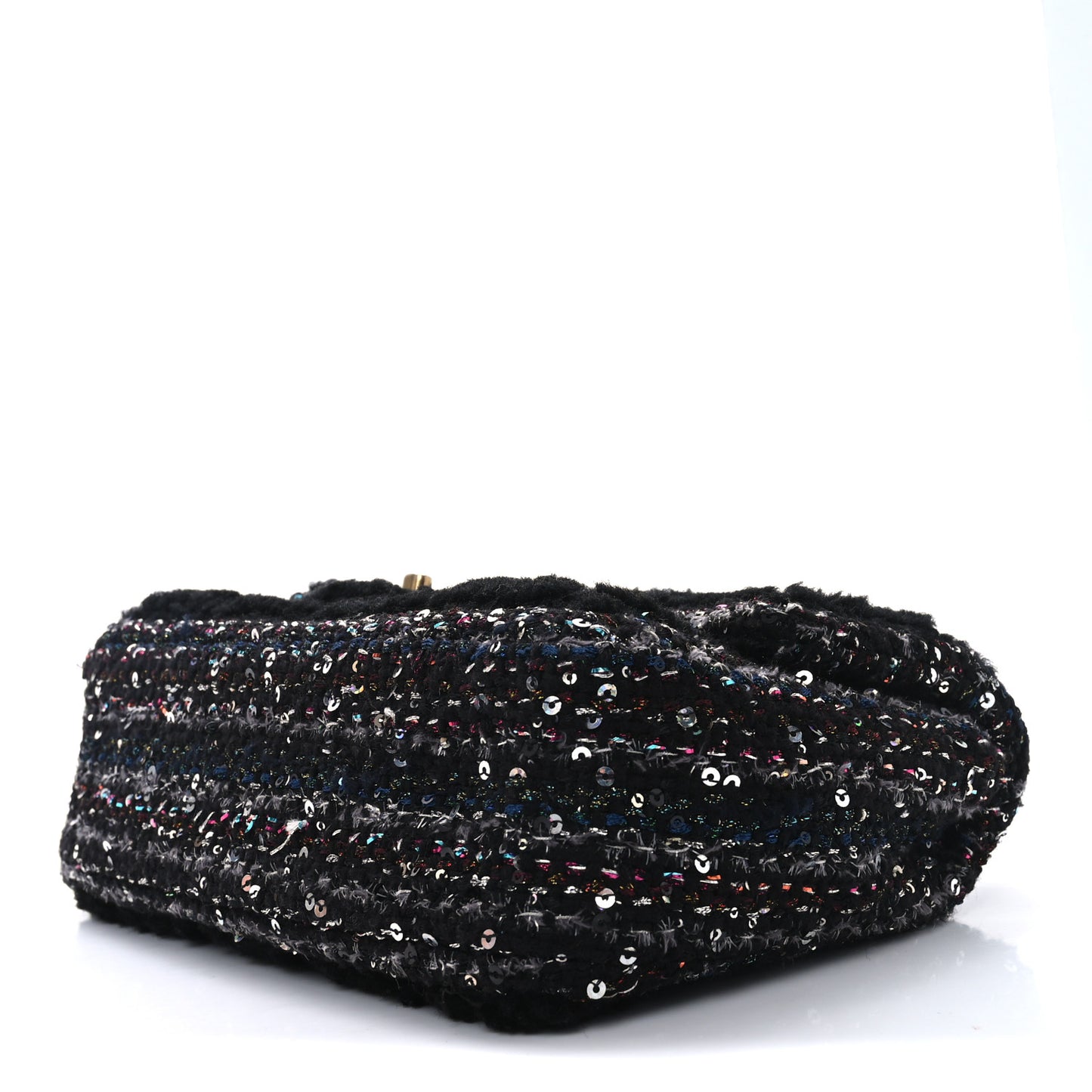 Shearling Sequin Tweed Quilted Single Flap Black
