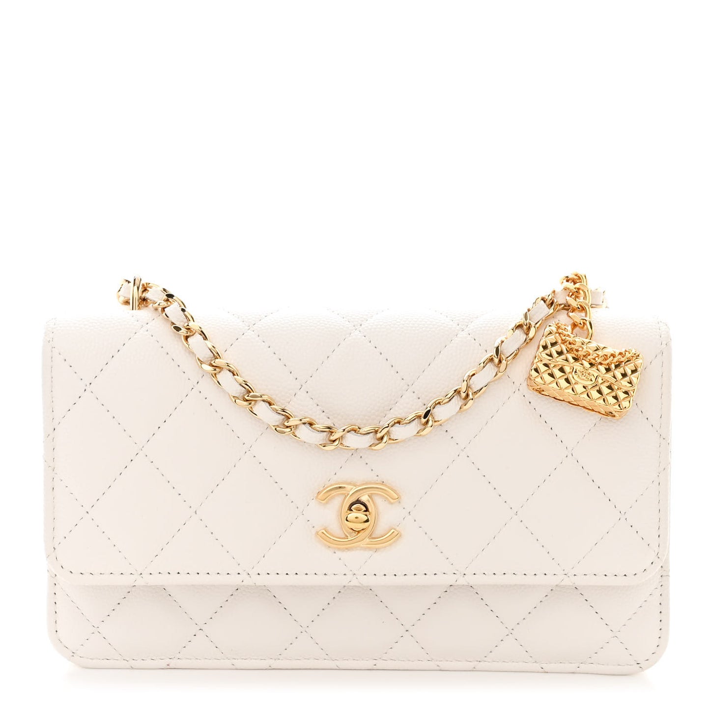 Shiny Caviar Quilted Flap Charm Wallet On Chain WOC White
