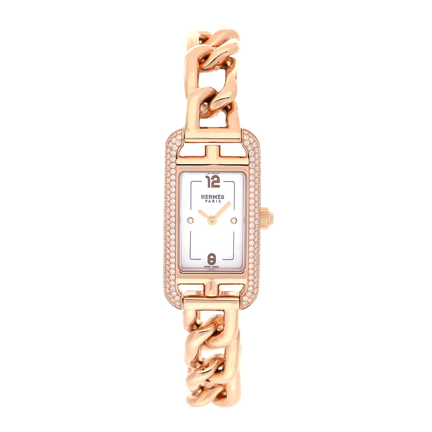Hermes 18K Rose Gold Diamond Mother of Pearl 17mm Nantucket Quartz Watch 1 of 5