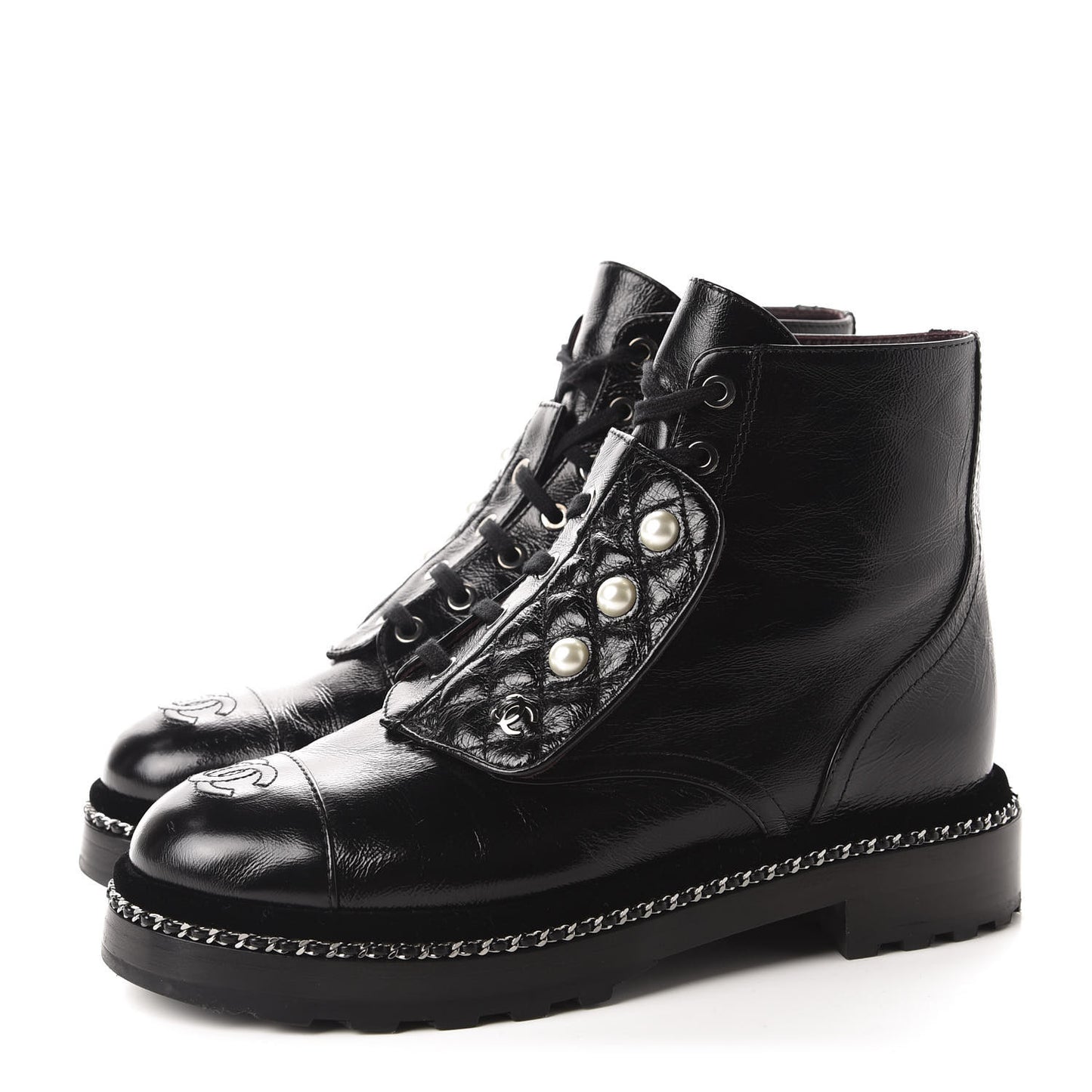 Crackled Calfskin Velvet Pearl Combat Short Boots 38.5 Black